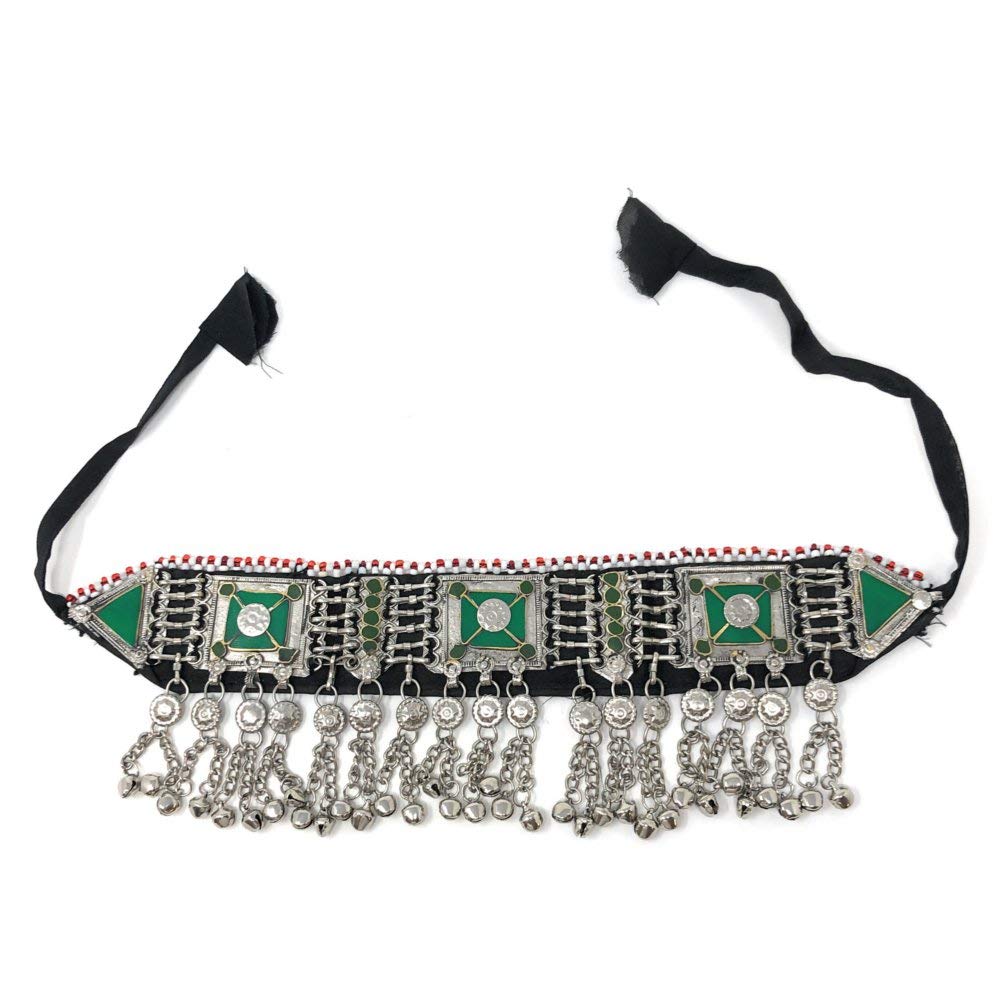 Turkman Kuchi Gypsy Statement Choker Necklace Soft Bells Multi Color Stones Coins