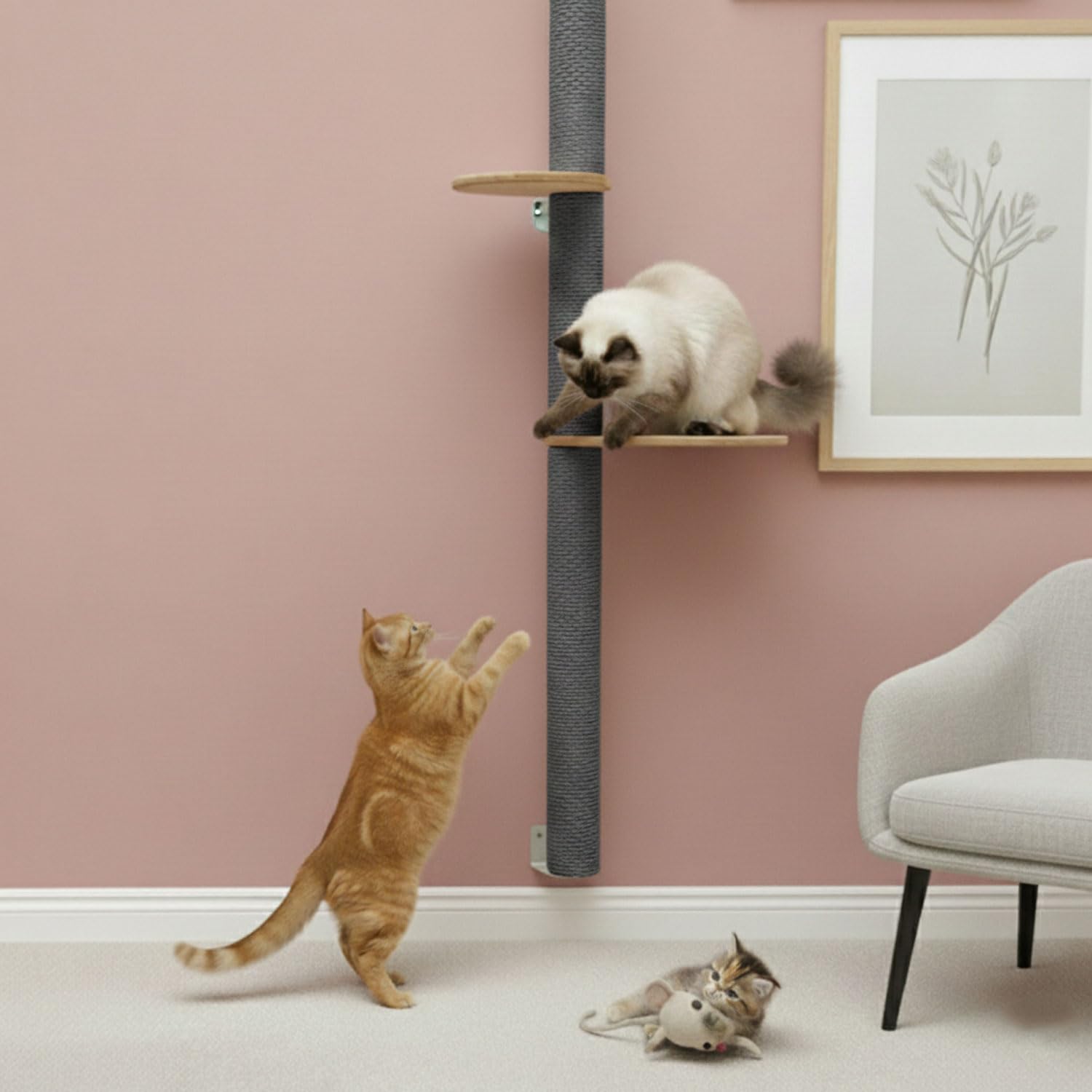 eyepower 205 cm Rascador de Pared Luna con 4 Plataformas de Bambú - Árbol para Gatos con Estanteria - Columna de Sisal Natural - Recorrido de Estantes - Torre Gato Estable - Poste Alto Fijación Mural