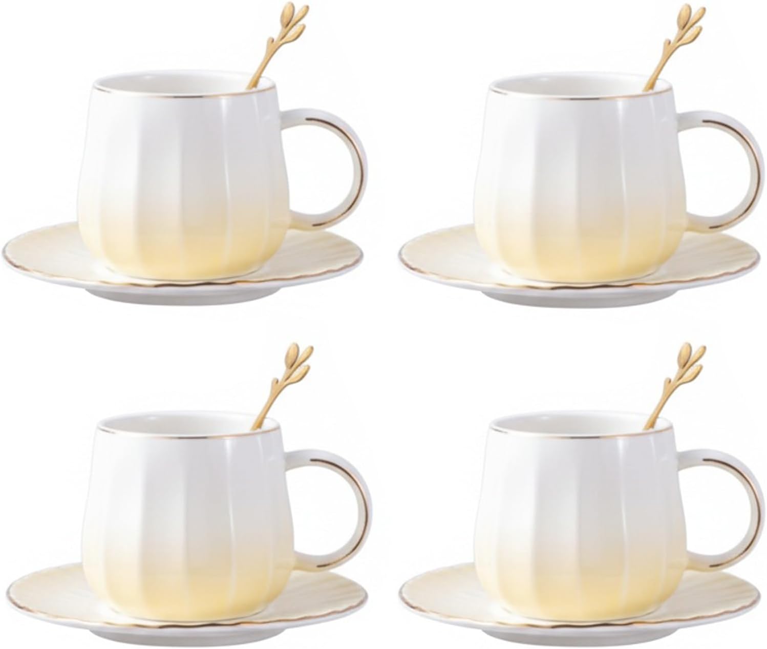 Ceramic Espresso Cups and Saucers Set of 4, 7oz Porcelain Cups for Coffee, Tea, Cappuccino and Various Drinks with Elegant Gold Rim(Pink)