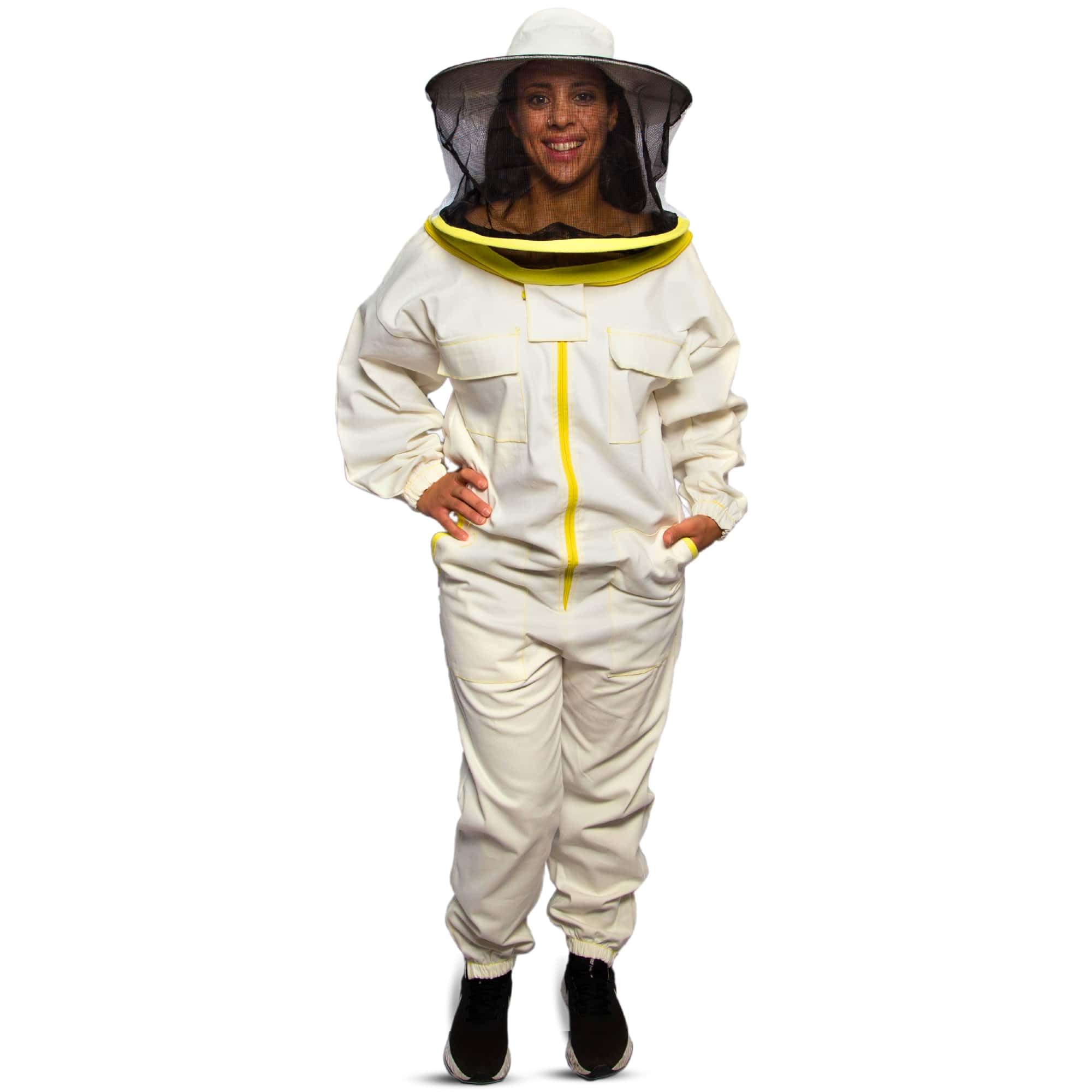 BEEART Tuta da Apicoltore Professionale con Cappello Rotondo Tuta Protettiva Unisex con Polsini Elastici Tessuto Traspirante Chiusura a Cerniera Protezione Completa dalle Punture di Api.Blanc M-3XL