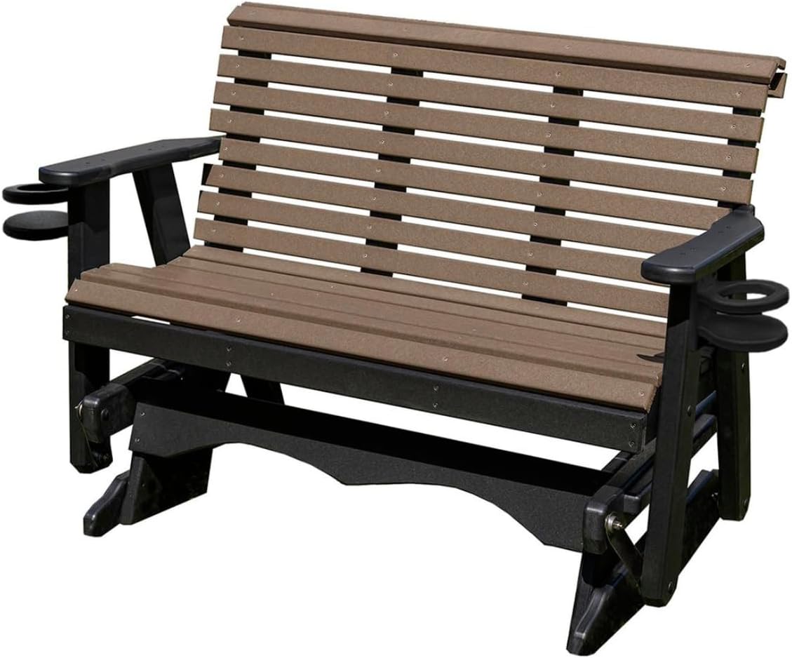 5 FT Weatherwood Amish-Made Porch Glider – 1000 lb Heavy-Duty Poly Lumber wood Roll Back Bench – USA Crafted HDPE Outdoor Seating Furniture - Stainless Steel Hardware – Smooth, Quiet Glide -CupHolders