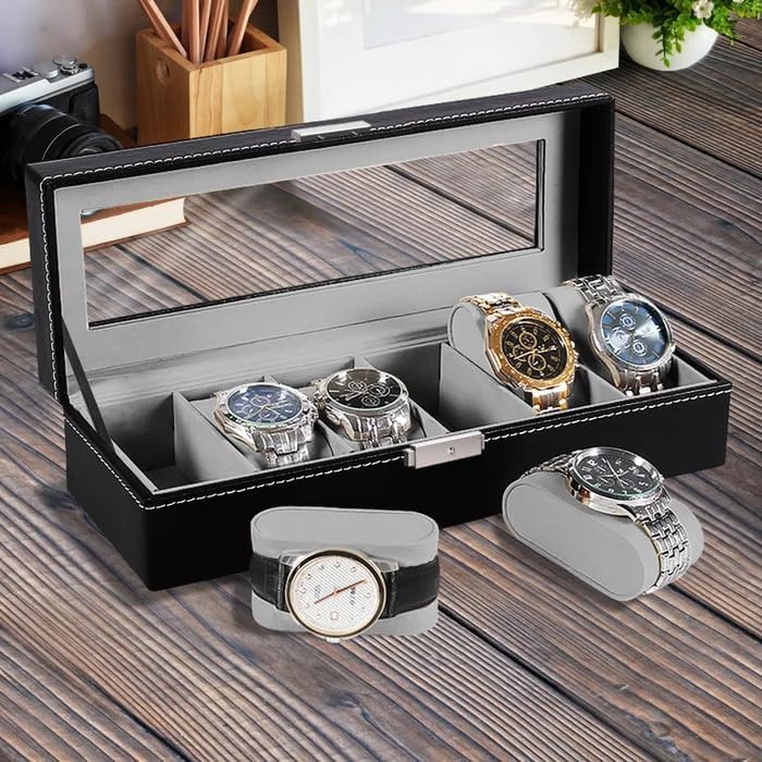 SHIORN SOON 6 - Slot Watch Box, Watch Holder with Glass Lid, Watch Case with Removable Watch Pillow, Velvet Lining, Metal Clasp, Watch Box Display Case Organizer Mens & Womens (B0CKTM59GT) Amazon Price History, Amazon Price Tracker