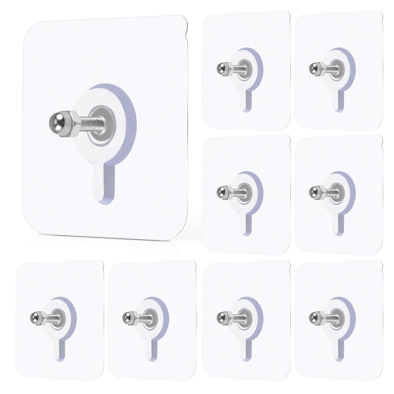 Housoutil 10pcs Self Adhesive Wall Screw Hooks， Punch- Free Wall- Mounted Hook, Seamless Transparent No Nails Hooks for Bathroom Kitchen, Load- Bearing up to 5kg, Silver, 16mm Rod, (54L32C18RA)