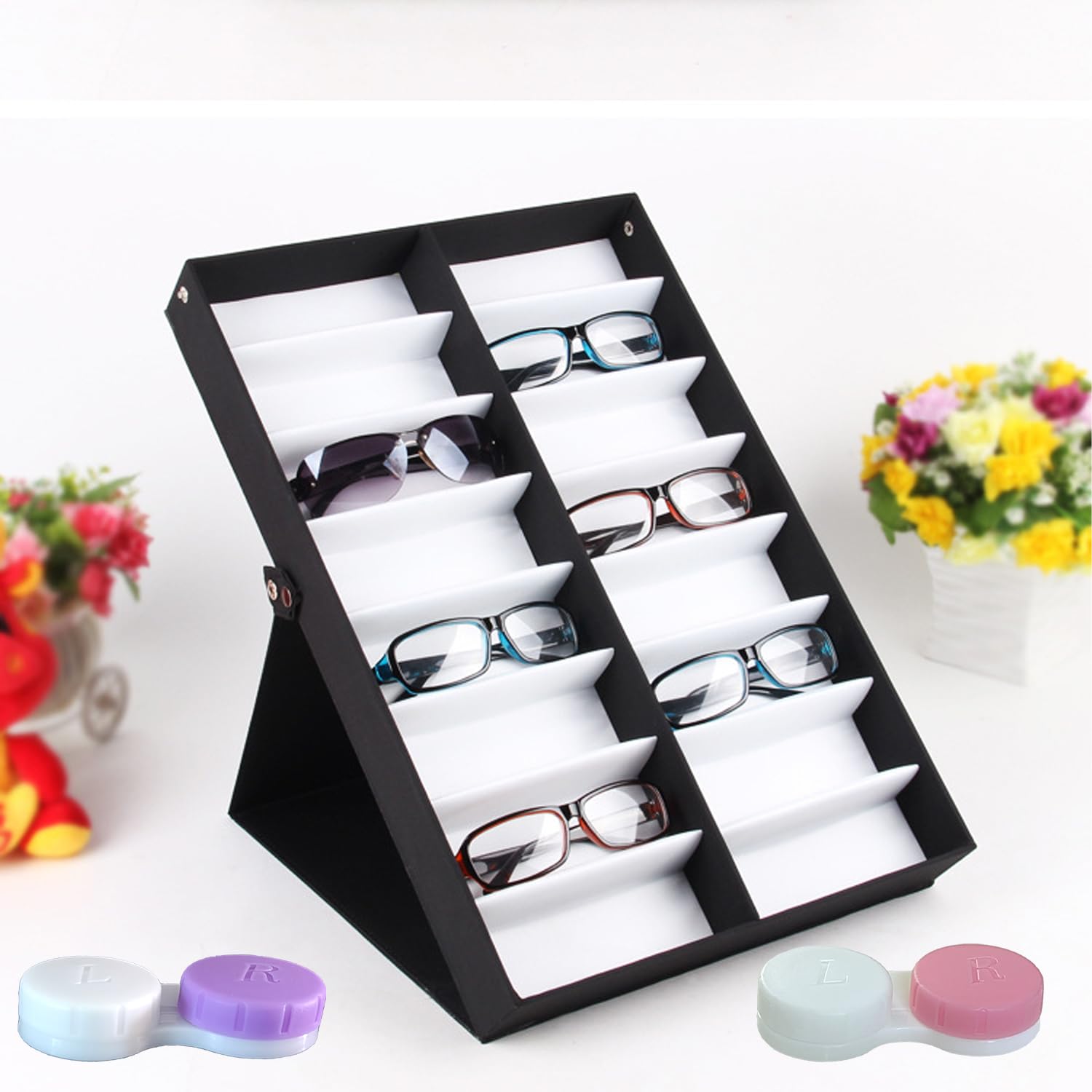 Paquete de 12 estuches para lentes de contacto, caja de almacenamiento para lentes de contacto (blanco y rosa)