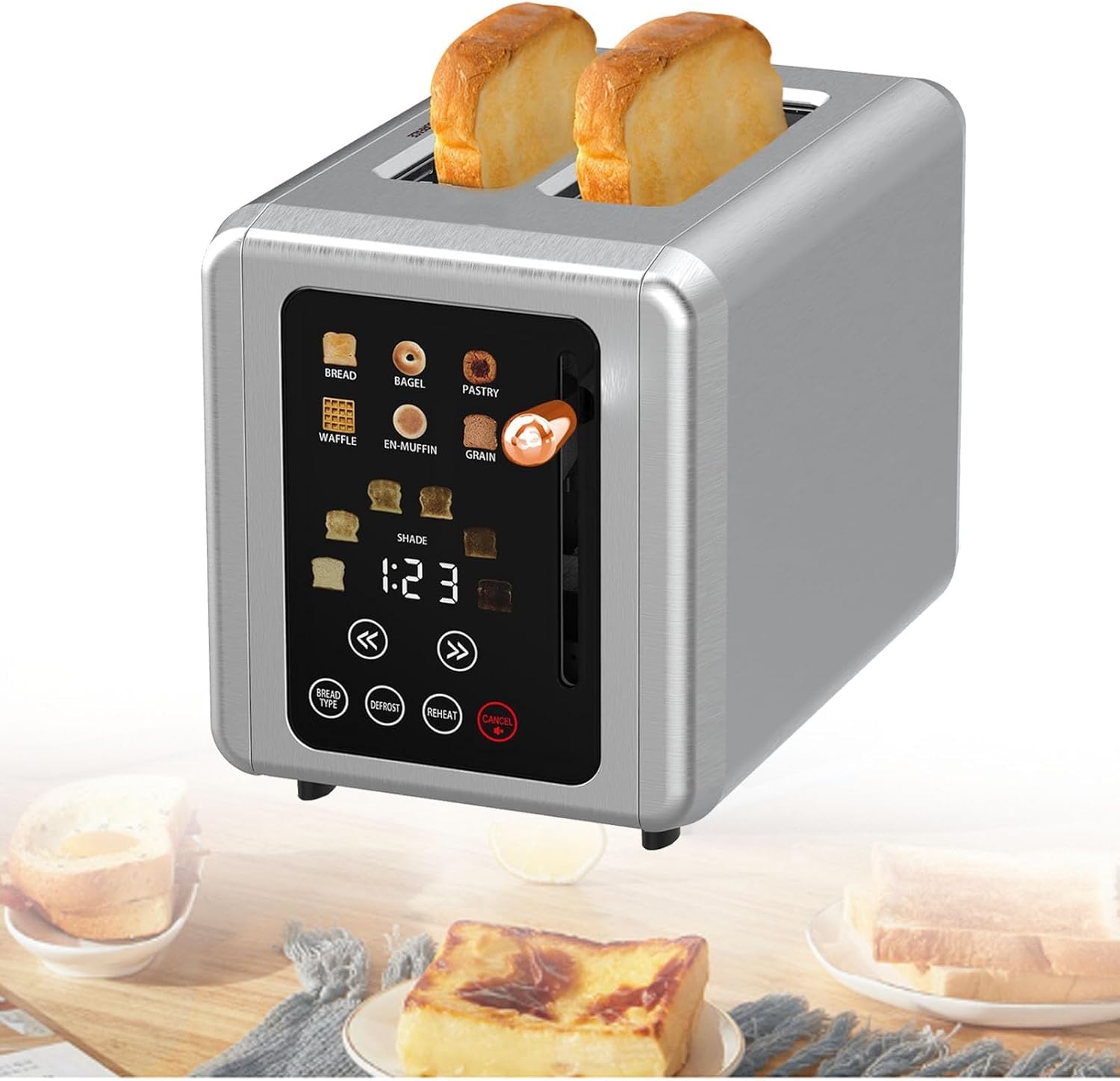 Tostadora inteligente, tostadora emergente con pantalla táctil de acero inoxidable, ranuras extraanchas de 1,5 pulgadas, 6 ajustes de tostado, con función de sonido y temporizador digital, para bufés,