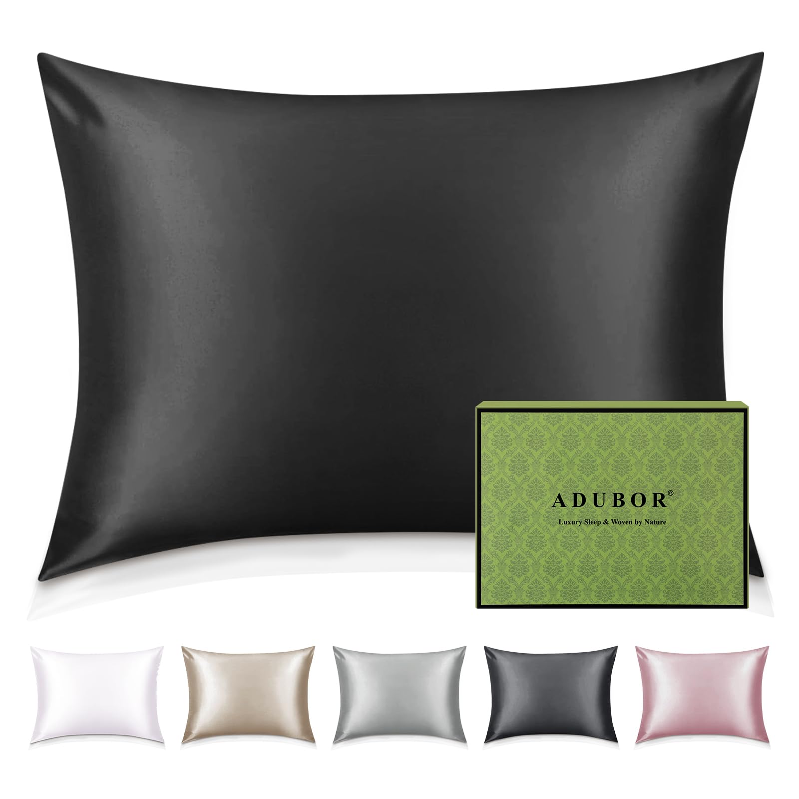 Adubor 100% Silk Pillowcase for Hair and Skin with Hidden Zipper, Both Side 22 Momme Silk,900 Thread Count (50x66CM, Black, 1pc)