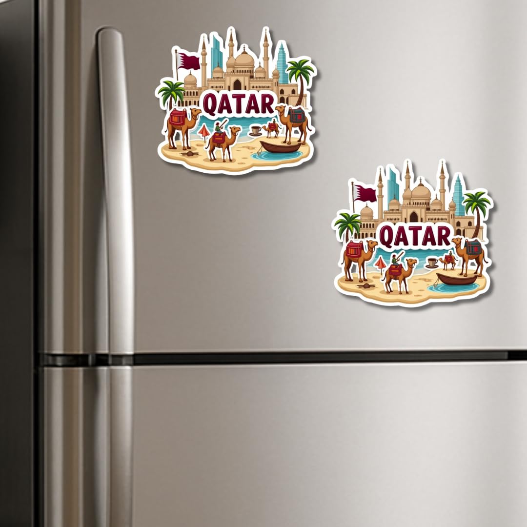 Giftoday Qatar Country Theme Souvenir Wooden Refrigerator Stylish Fridge Magnet - Perfect Souvenir Gift for Brother, Sister, Kids | Fridge Decoration | Kitchen Decor | Pack of 2 | Size 3x3 Inches 4