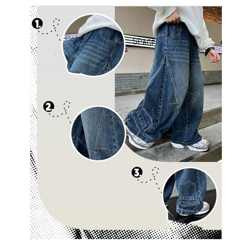 Boys Baggy Jeans Teen Cargo Pants Loose Wide Leg Denim Trousers with Pockets Y2K Elastic Waist for Kids Jeans4