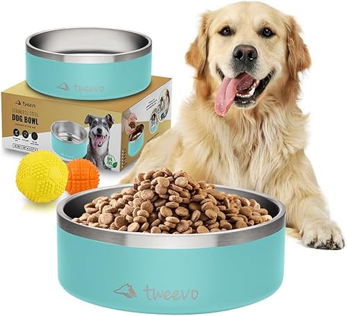 Miniatura 9 de Tweevo Cuenco de acero inoxidable para perros con 2 bolas de goma, duradero y antideslizante, cuenco aislado para comida o agua para perros para