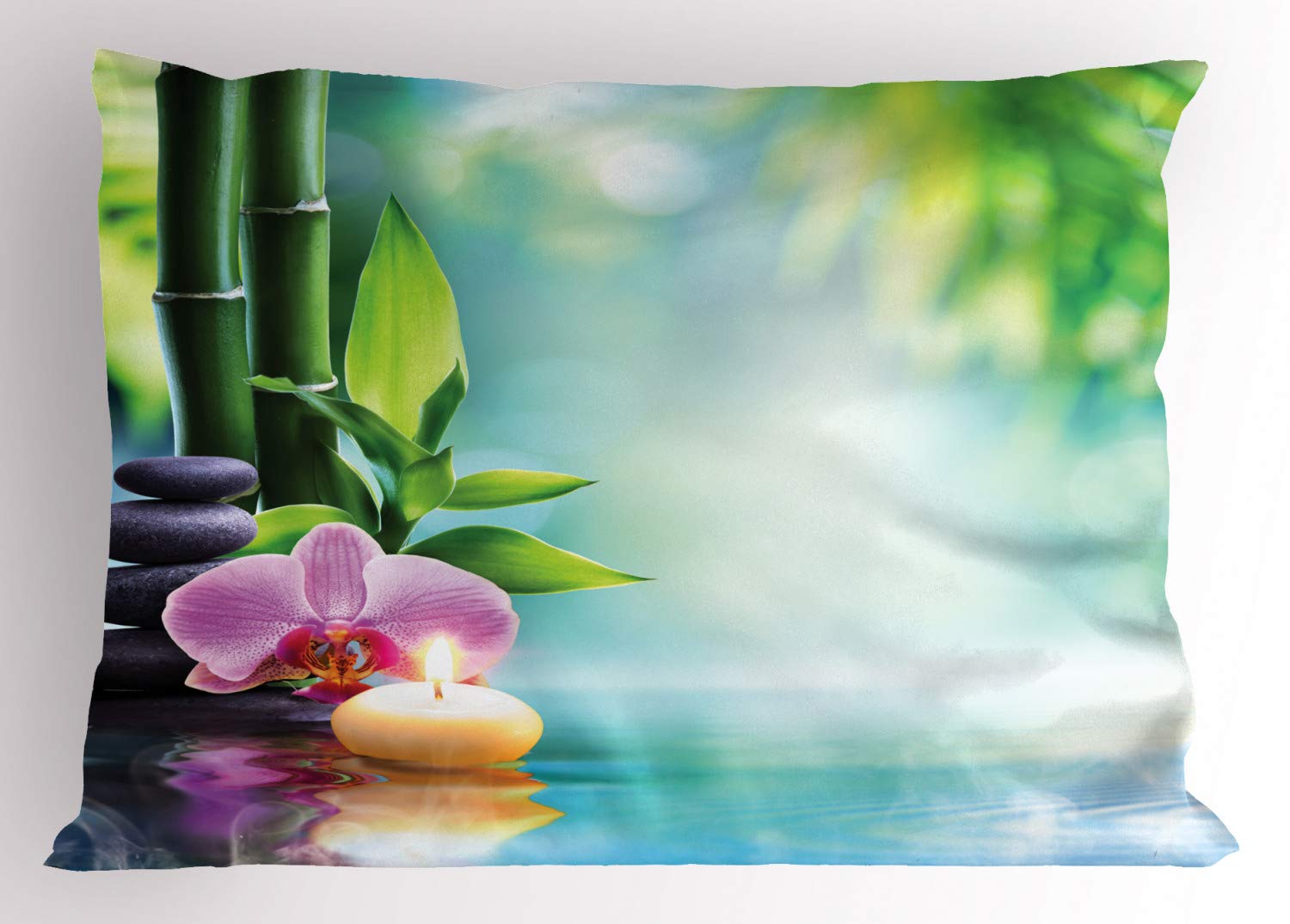 ABAKUHAUSSpa Pillow Sham, Candle Bamboo Tranquility, Decorative Standard Size Printed Pillowcase, 26" X 20", Multicolor