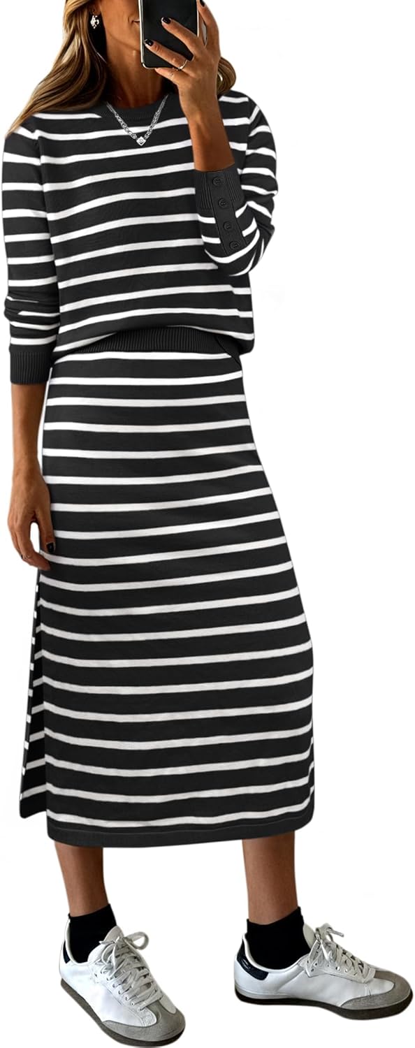 Women 2 Piece Outfits Striped Sweater Skirt Sets Fall Casual Long Sleeve Pullover Top Lounge Travel Midi Dress