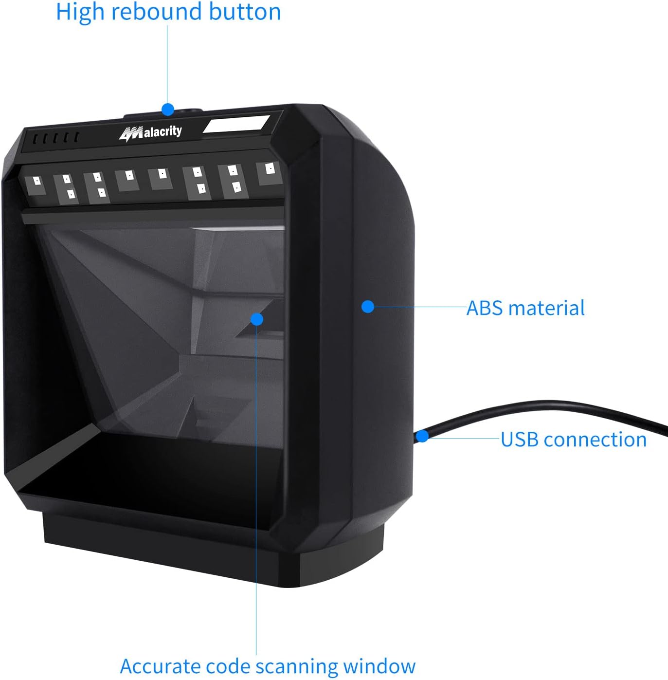 Alacrity Omnidirectional Desktop 1D & 2D Barcode Scanner, High-Performance Hands-Free Scanning with a Large Scan Window, USB Interface, Read PDF417 n ID Cards, Driver's Licenses, Passports