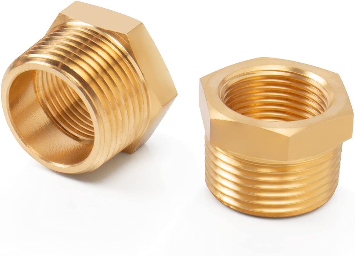 Brass Reducer Hex Bushing Threaded Pipe Fitting, Heavy Duty Threaded Pipe Fitting Adapter (3/4 Male NPT x 1/2 Female NPT, 2)