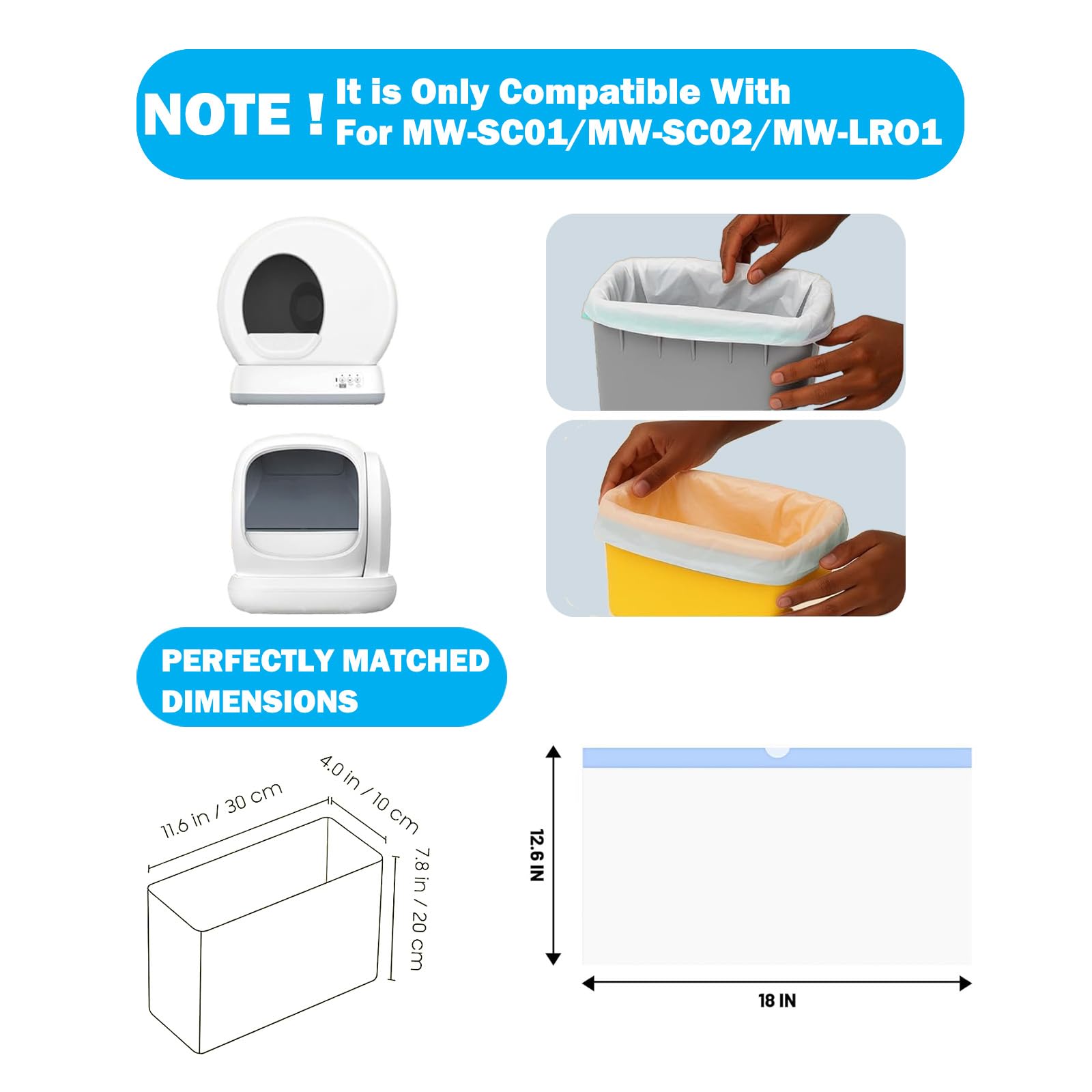 60 bolsas de arena para gatos, bolsas de receptáculos con cordón compatibles con Meo. Caja de arena para gatos autolimpiable MW-SC01 MW-SC02 MW-LR01, sin desgarros, a prueba de fugas, 18 x 12.6