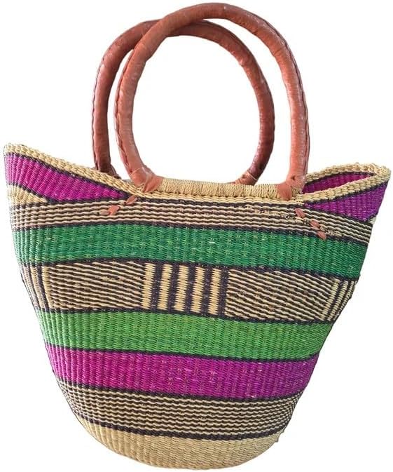 Bolga U Shopper Basket with Leather Handles, 48 x 51 cm
