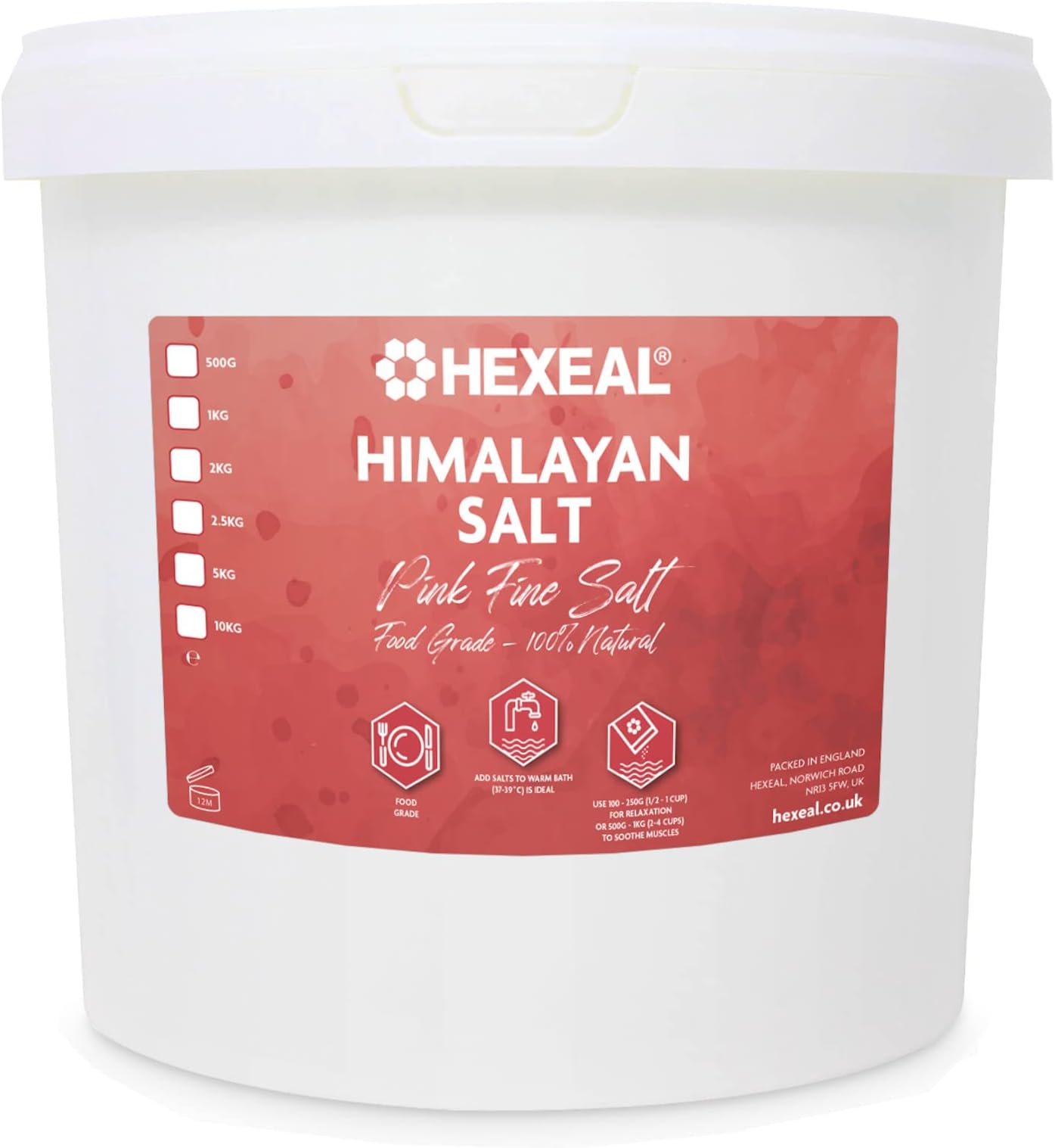 Himalayan Pink Salt 5kg โ 5kg Bucket of Fine, Food Grade Salt โ Suitable for Seasoning & Cooking โ 100% Natural Salts for Soothing Baths, Beauty & Cosmetics