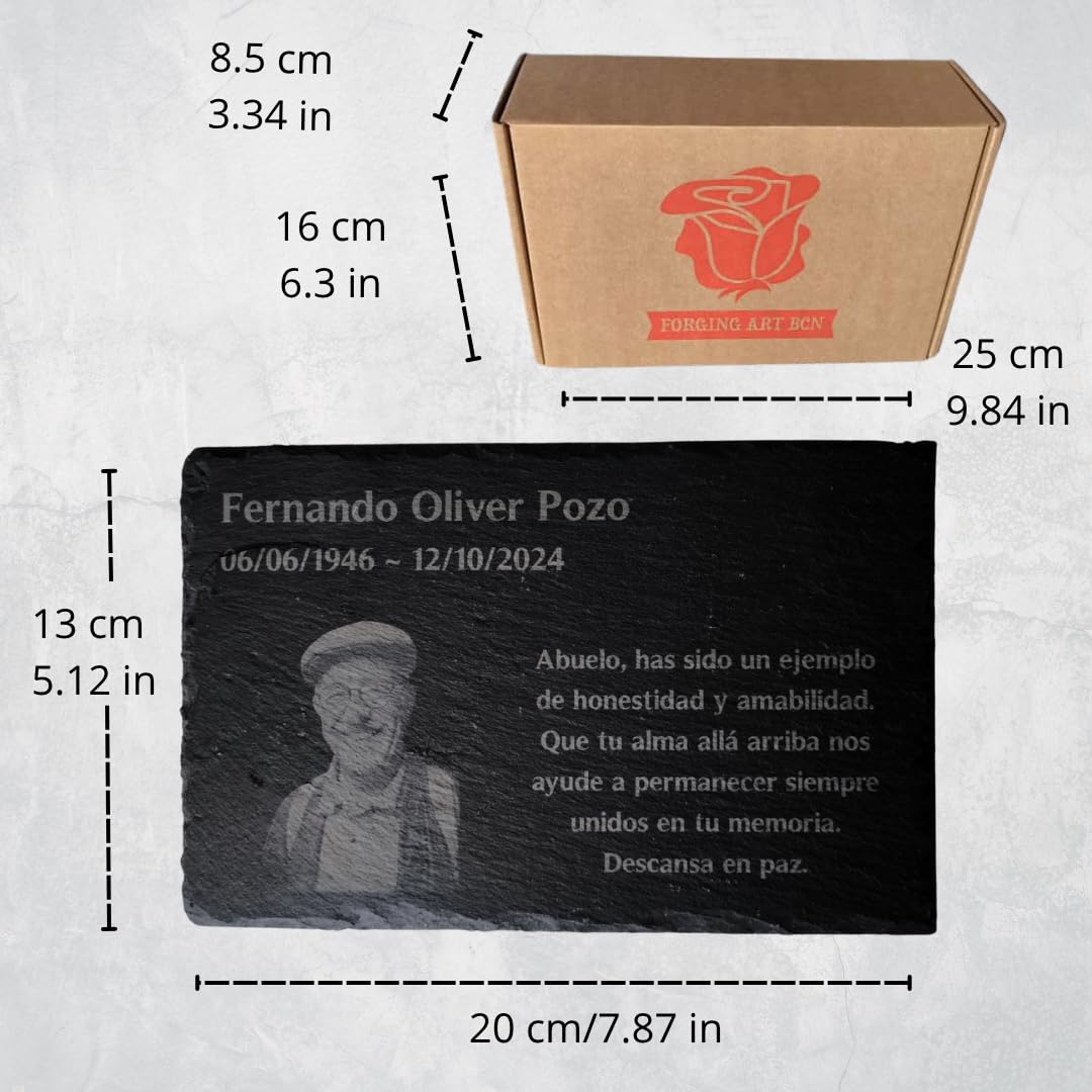 Forging Art Bcn Placa funeraria conmemorativa - Tamaño 200 x 130 mm - Foto, fecha y dedicatoria personalizable - Soporte opcional