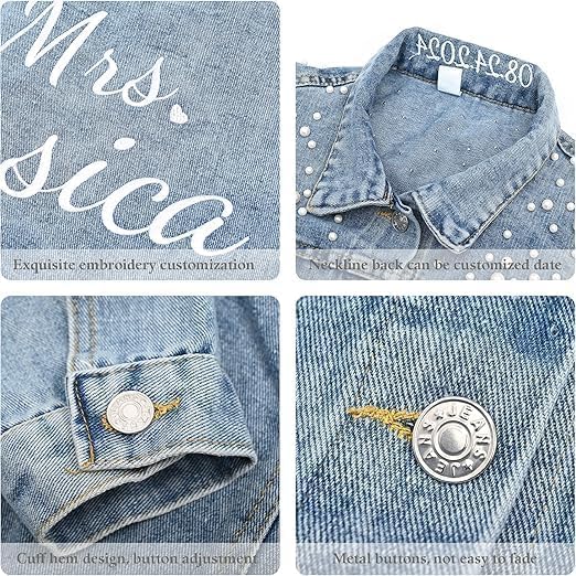 Custom Embroidered Bride Jean Jacket, Pearl Jean Jacket for Women with Name，Oversized Personalized Cropped Denim for Wedding, Bachelor party, Bridal Shower/Trip，Honeymoon, Vacation - Image 5