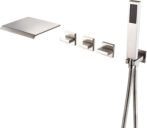 Grifo de bañera de montaje en pared de níquel cepillado con ducha de mano y boquilla de cascada ancha de alto caudal, SUMERAIN