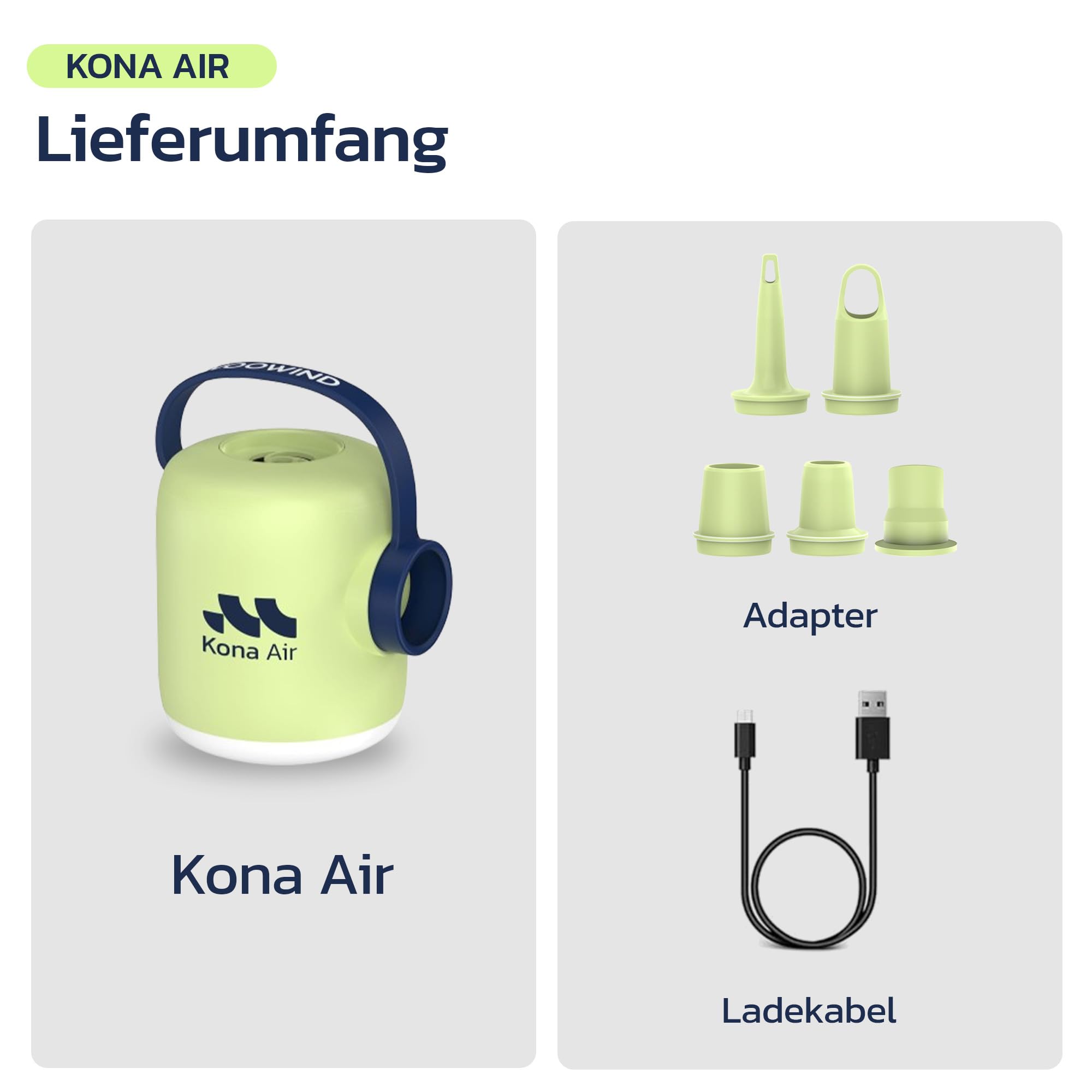 Woowind Kona Air Elektrische Luftbettpumpe, Kabellose Luftmatratzenpumpe für Schwimmreifen, Schwimmringe, Luftbetten, Luftsofas, Winzige Tragbare Ultra-Mini-Luftpumpe, Wiederaufladbarer Akku