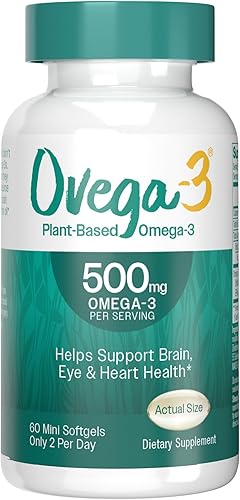 Ovega-3 Omega-3 a base de plantas de aceite de algas, suplemento diario, 500 mg, apoya la salud del cerebro, los ojos y el corazón, dos mini