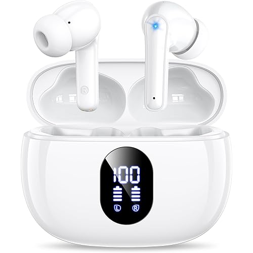 ZZU Wireless Earbuds Bass Stereo Headphones Bluetooth 5.3 Ear Buds, 48H Playtime, LED Display in Ear Earphones with Mic, IPX7 Waterproof, Touch Control Lightweight for iPhone/Sports/Laptop White