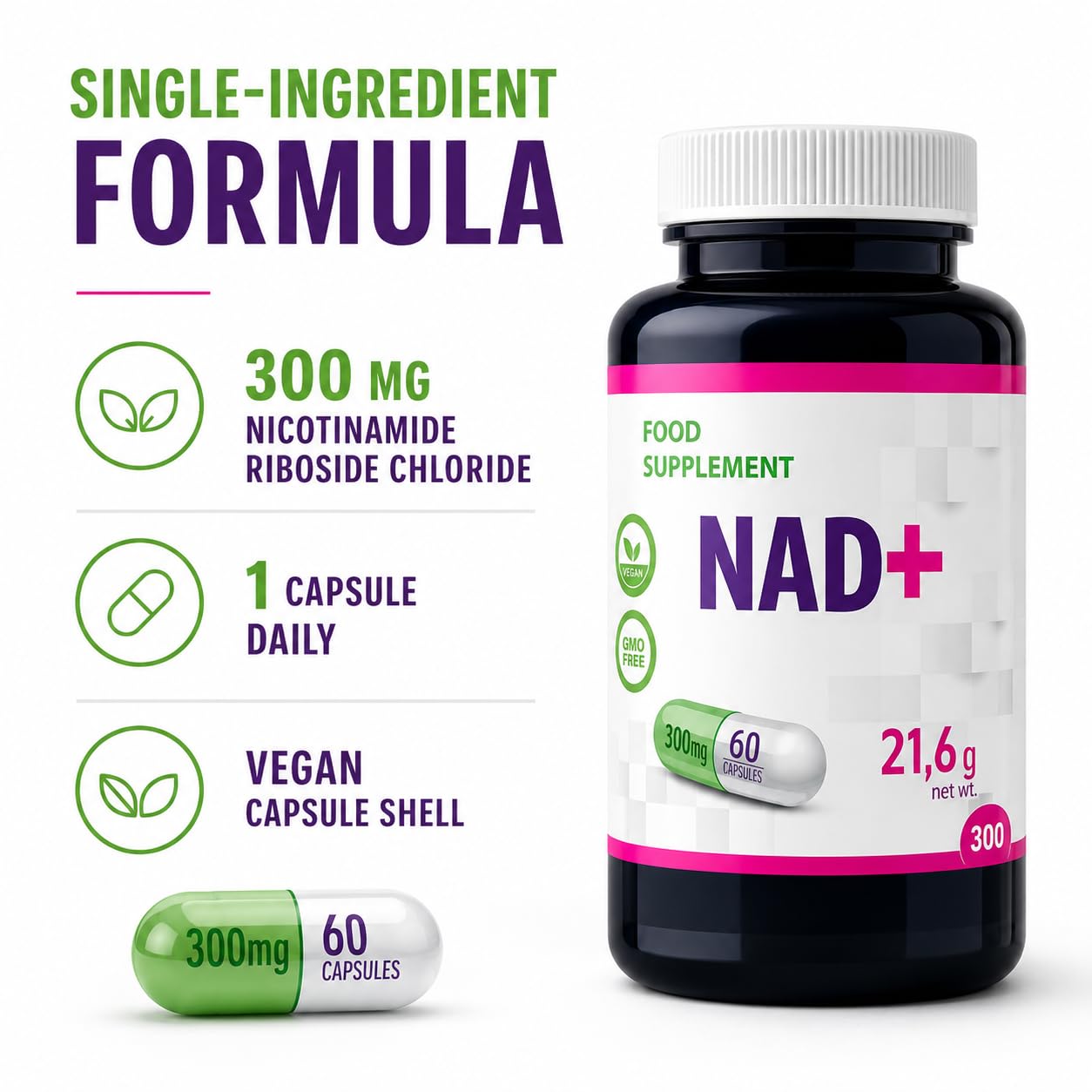 Hepatica NAD+ Nicotinammide Riboside 300 mg | 60 Capsule Vegane | Scorta 2 Mesi | Ingrediente Unico | GMP & laboratorio indipendente