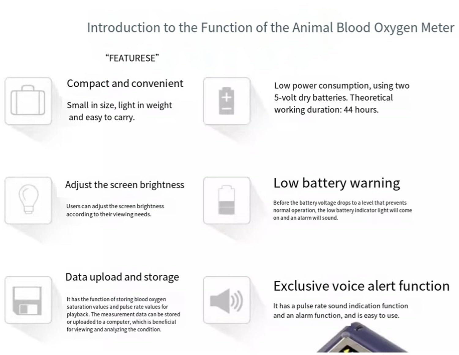 BLUEZY Tragbares Veterinär-Pulsfrequenzmessgerät, Veterinär-Pulsoximeter Mit Sonde Und USB-Kabel, Speicher- Und Wiedergabefunktion Für Katzen, Hunde, Haustiere Krankenhaus