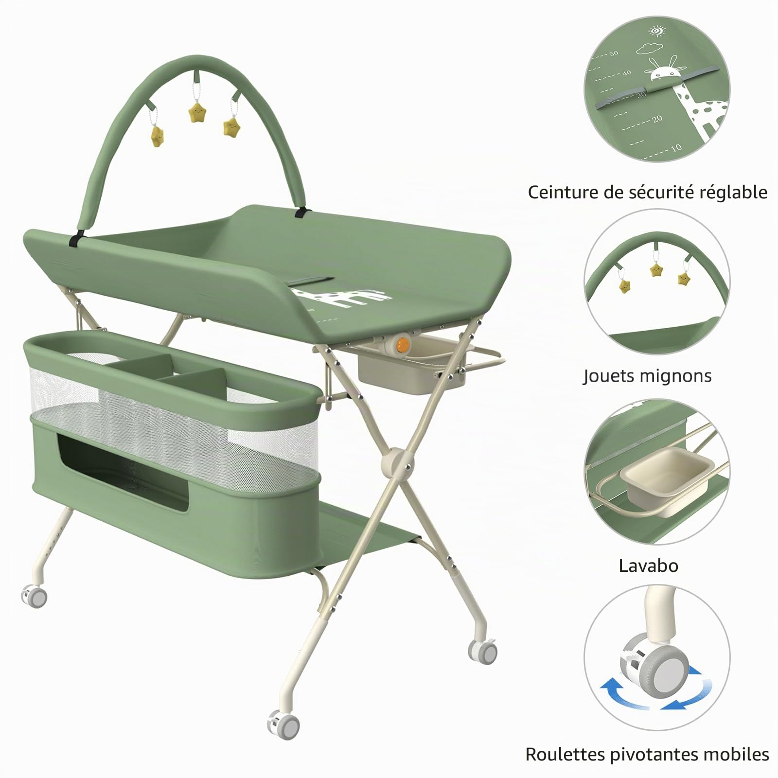 Table a Langer Pliante avec Panier de Rangement,Structure en Fer Charge Max 15KG,Réglable en Hauteur,Table à Langer Mobile pour Nouveaux-Nés,80 * 73 * 94 cm (Vert,)
