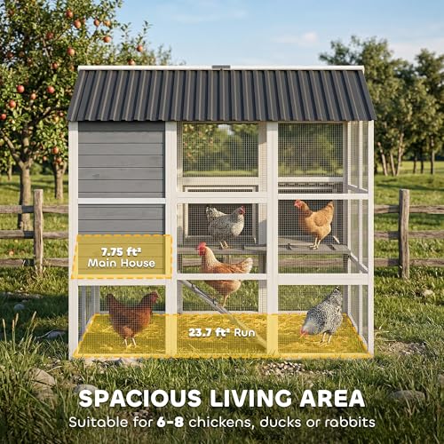 Image of PawHut 77 inch Large Chicken Coop for 6-8 Chickens, Outdoor Wooden Hen House Poultry Cage with Run, 3 Nesting Boxes, Waterproof Roof, Removable Tray, Ramp for Farm Backyard, Gray