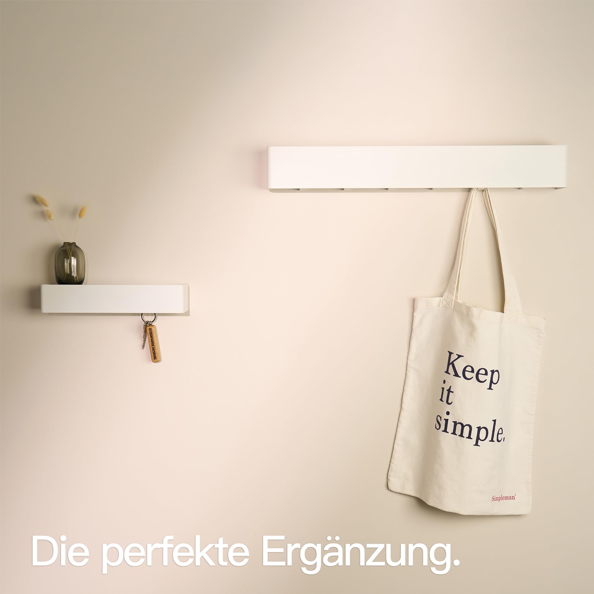Designfabrik Hamburg Tabliczka na klucze | Nowoczesny schowek na klucze z półką | Metalowy wieszak na klucze ścienny | Minimalistyczny design do przedpokoju i wejścia | Biały