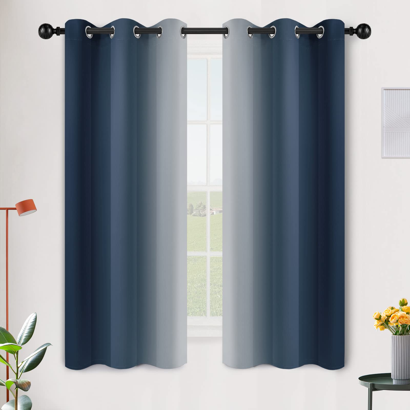 SimpleHome Ombre Room Darkening Curtains for Bedroom, Gradient Navy Blue to Grey White Light Blocking Thermal Insulated Grommet Window Curtain/Drapes