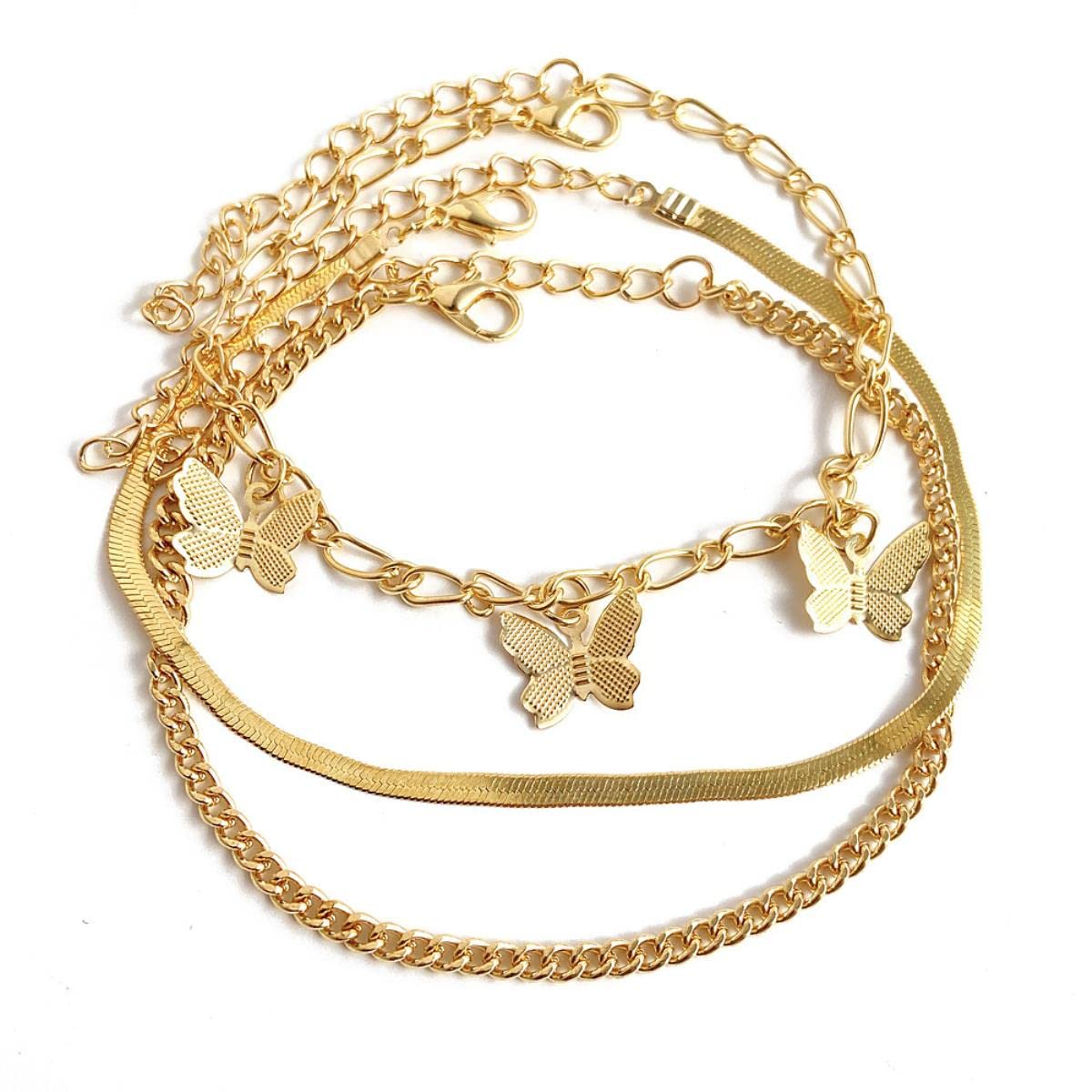YAHOYA Vintage Multi-Layer Butterfly Design Pendant Ankle Bracelets for Women Summer Beach Party Alloy Gold Color Barefoot Chain