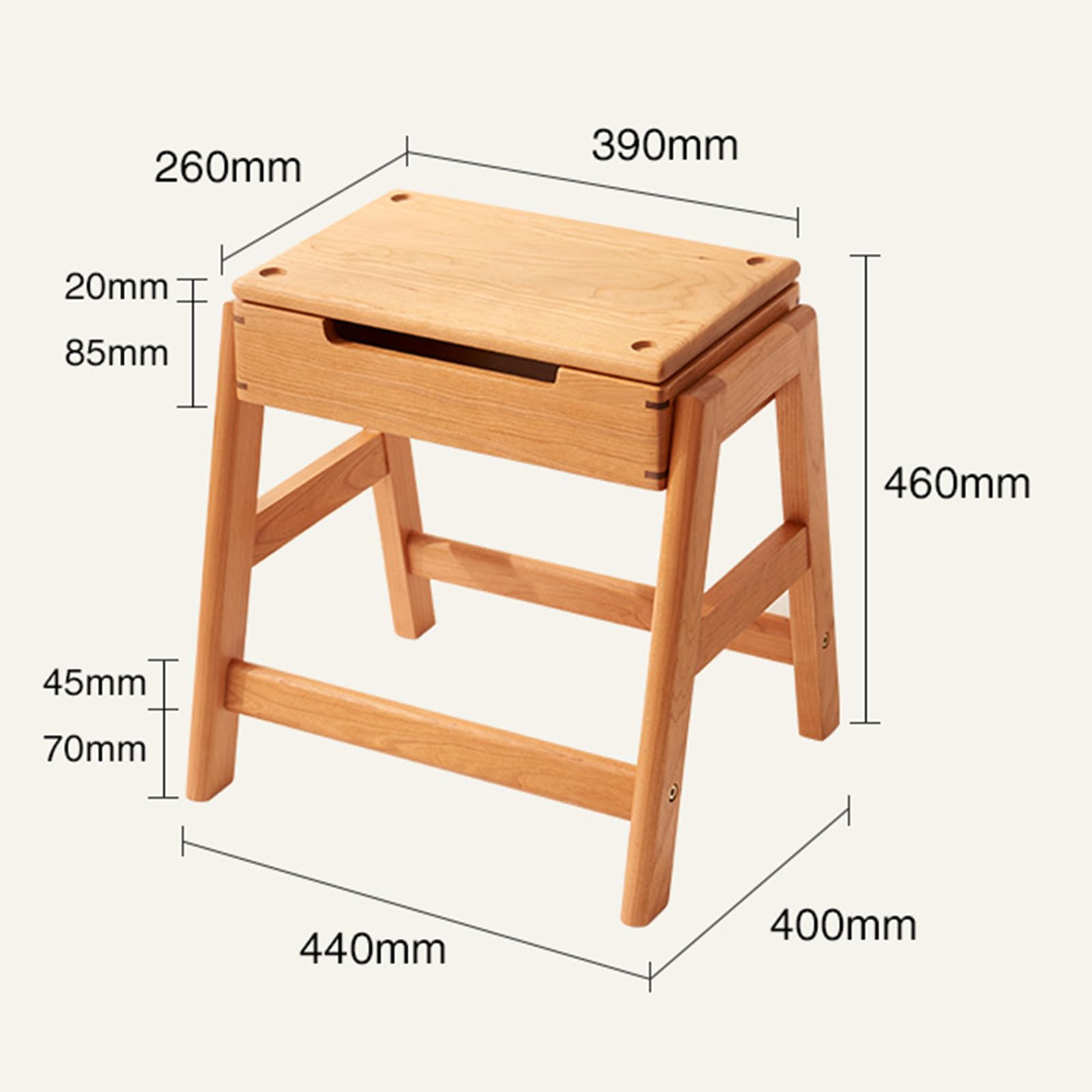 Cherry Wood Household Dressing Stool, Storage Stool, Bedside Table, Spare Square Stool, for Bedroom, Living Room, Kitchen
