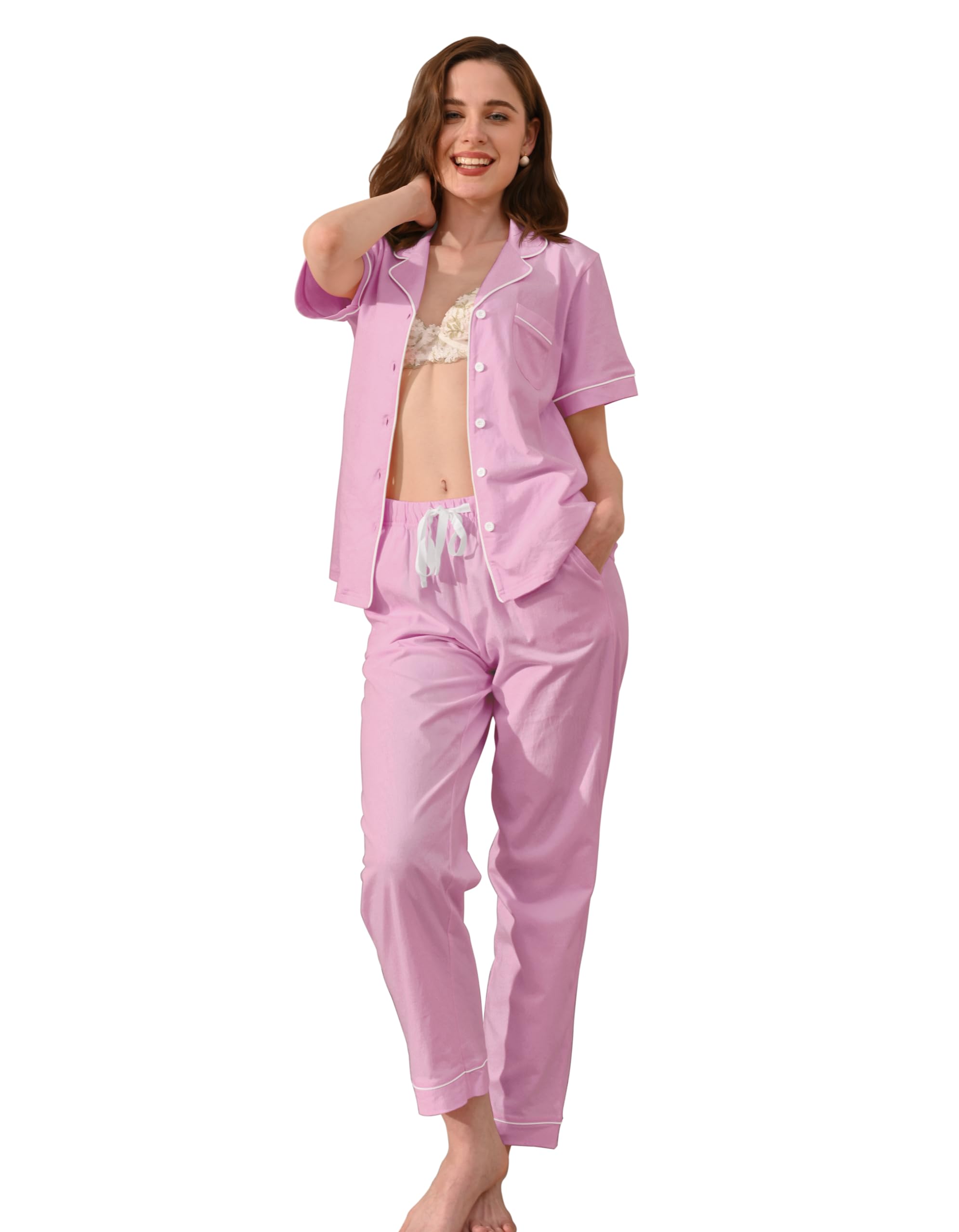 NAP BOUND 100% Cotton Women's Pajama Sets Short Sleeve Button Down Soft Pjs 2 Piece Lounge Set with Pocket Nightwear XS-XXL
