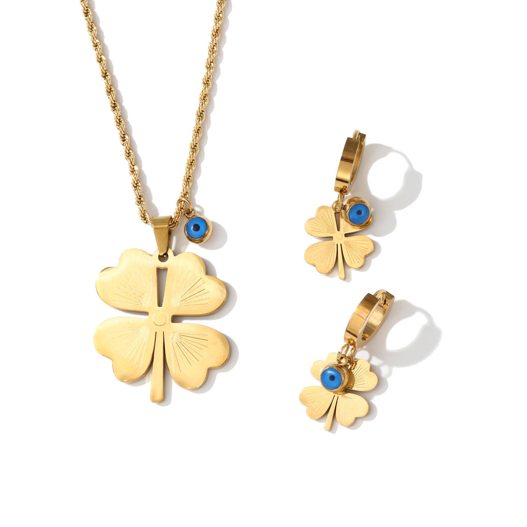 Stainless Steel Necklace Huggie Earrings Set 18K Gold Plated Enamel Four Leaves Shaped Pendant Jewelry Sets for Women Girls