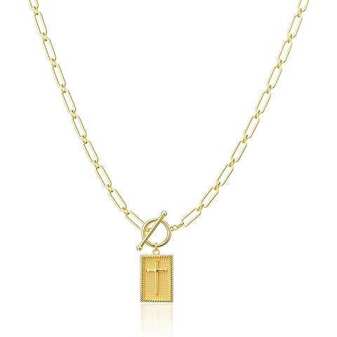 Freekiss Cross Necklaces for Women: 14K Gold/Sterling Silver Plated Trendy Chunky Cross Pendant Necklace for Women,Tarnish Free Toggle Clasp Paperclip Chain Dainty Religious Faith Fashion Jewelry Gifts