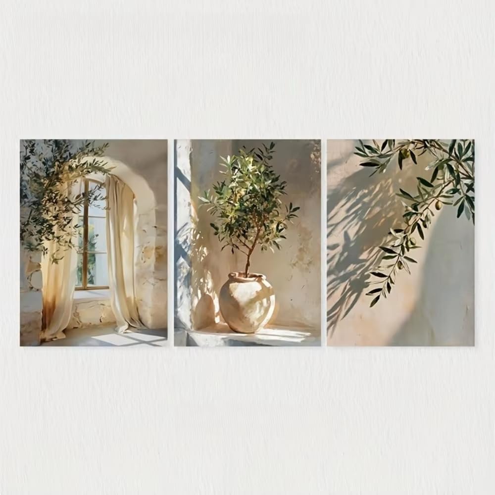 XIANGPEIFBH 3pcs Rustic Cottage Plant Flowers Retro Olive Branch and Olive Leaf Printed Poster,Retro Mediterranean Decor((90x130cm/35x51in) x3/Unframed)