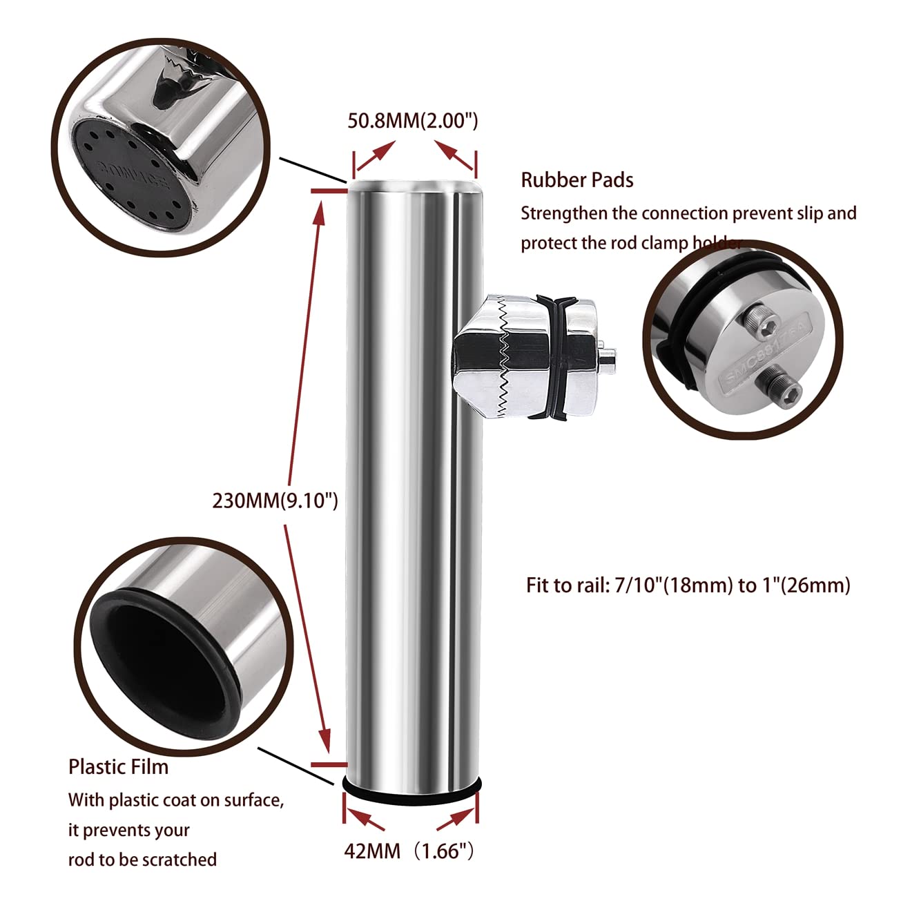 KAOLALI 2PCS Boat Fishing Rod Holder Marine Stainless Steel Adjustable Rail Rod Holder Clamp on Rail Mount 7/10