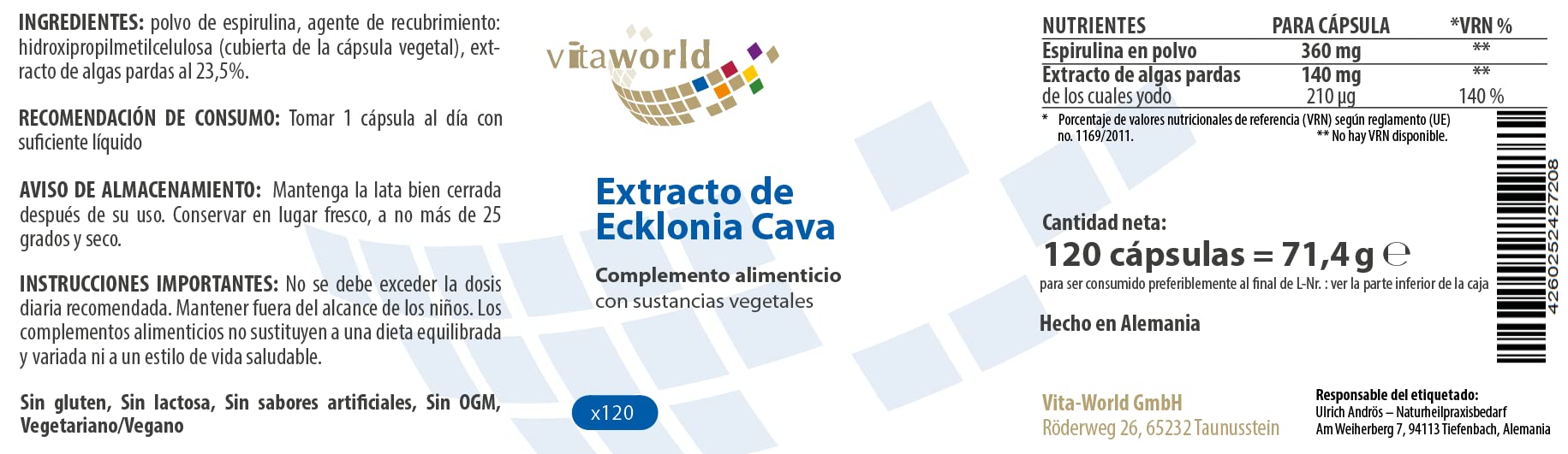 Pack de 3 Ecklonia Cava 3 x 120 Cápsulas Vita World Farmacia Alemania - Algas marinas- Laminariales Phaeophyta -