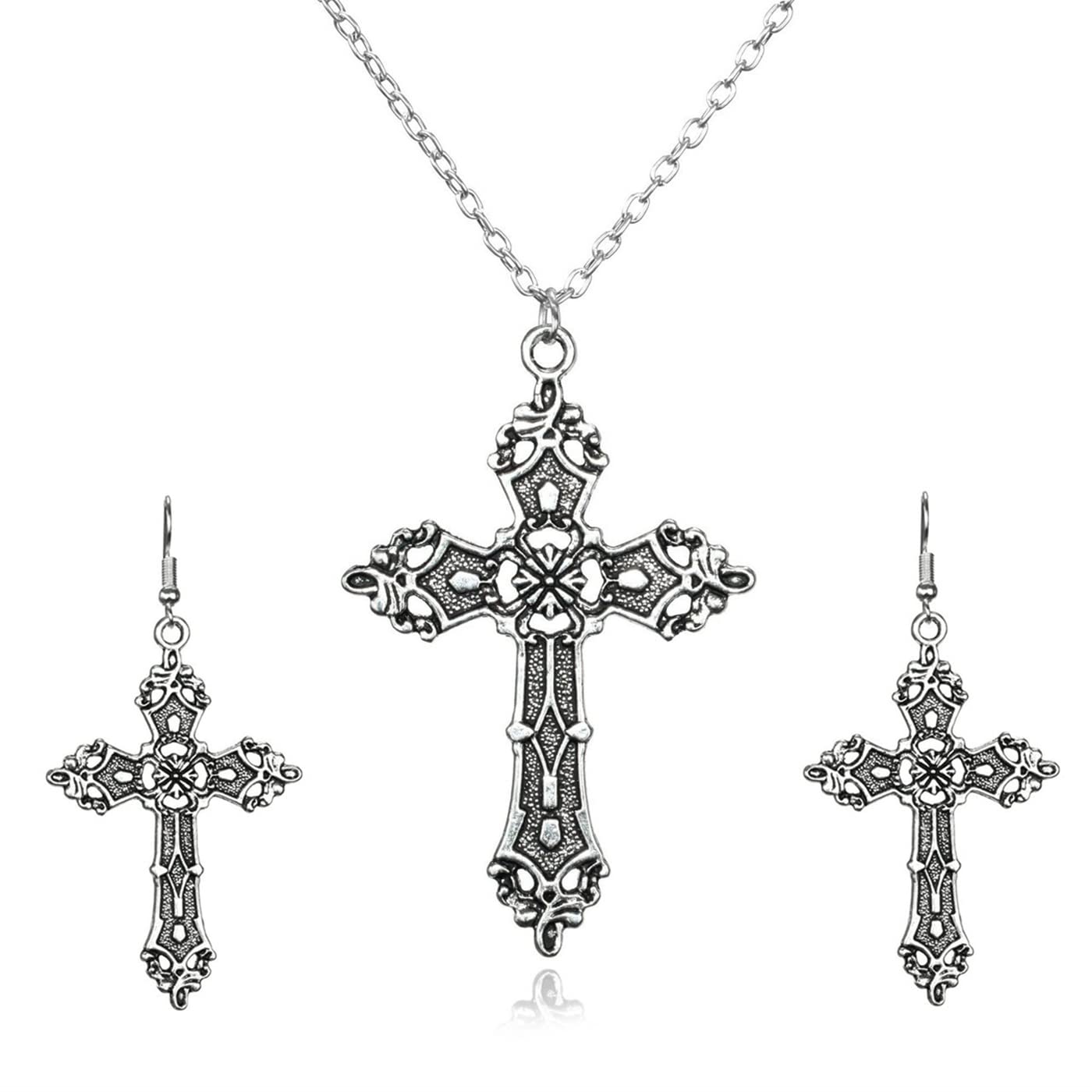 RrdailyGothic Cross Jewelry Set - Vintage Gold Silver Necklace and Dangle Drop Earrings - Punk Style Big Cross Pendant - Halloween Clothing Accessories for Women