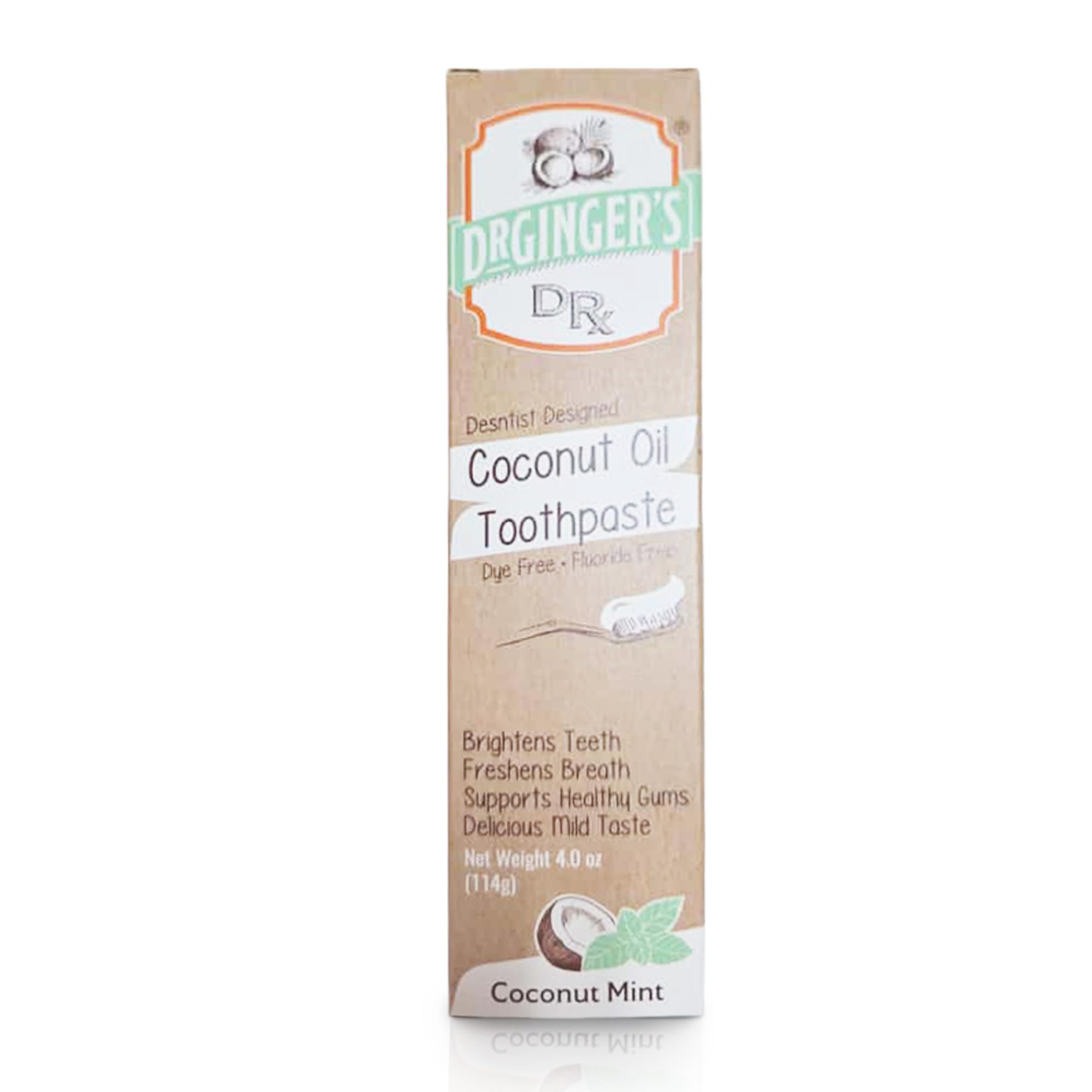 Dr. Ginger's Coconut Oil Fluoride Free Toothpaste for Sensitive Teeth and Gums - Mint Flavor, 4oz - All-Natural Whitening Toothpaste with Xylitol, Freshens Breath and Reduces Plaque