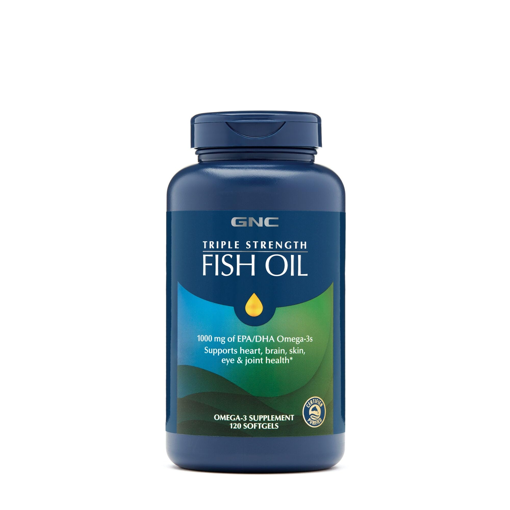 GNC Triple Strength Fish Oil Omega 3 Supplement, 1000mg EPA and DHA, Supports Heart, Brain, Skin, Eye and Joint Health, Burpless, Ultra Concentrated, High Potency, Wild Caught, 120 Softgels 1 Count (Pack of 1)