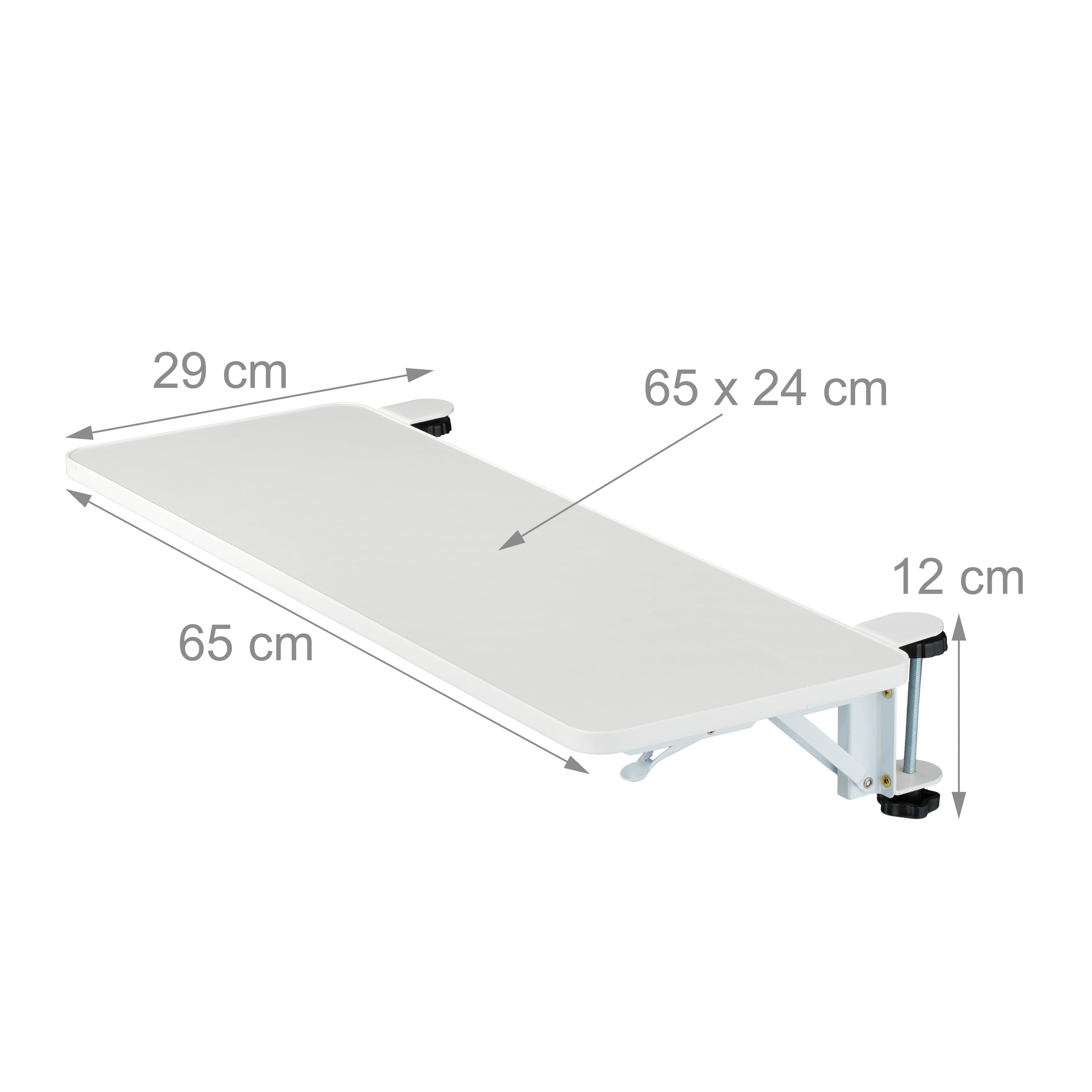 Relaxdays Extensor de Escritorio, 65 x 24 cm, Plegable, Colgar con Pinzas, Bandeja Teclado Ergonómica, Moderno, Blanco