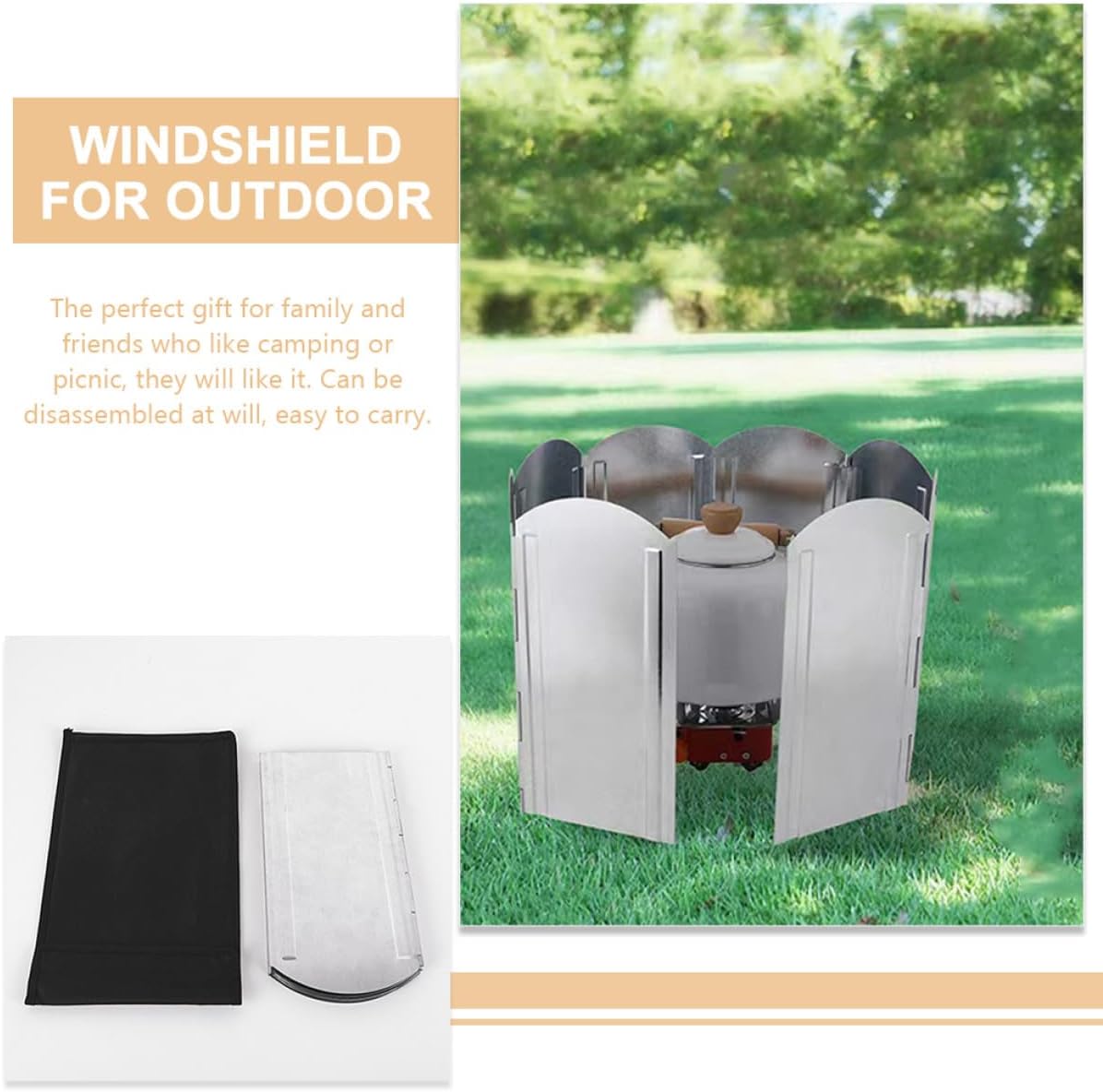 Portable Foldable Windshield 8pcs Set Lightweight Galvanized Steel Cooking Windproof Tool with Storage Bag for Outdoor Camping Bbq Stove Accessories