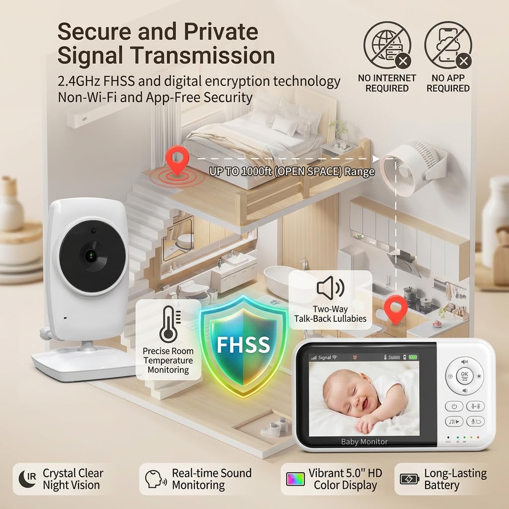Baby Monitor con fotocamera e audio, display LCD da 3,2 pollici, visione notturna, sensore di temperatura, conversazione a 2 vie, ninne nanne, promemoria alimentazione, modalità ECO, connessione