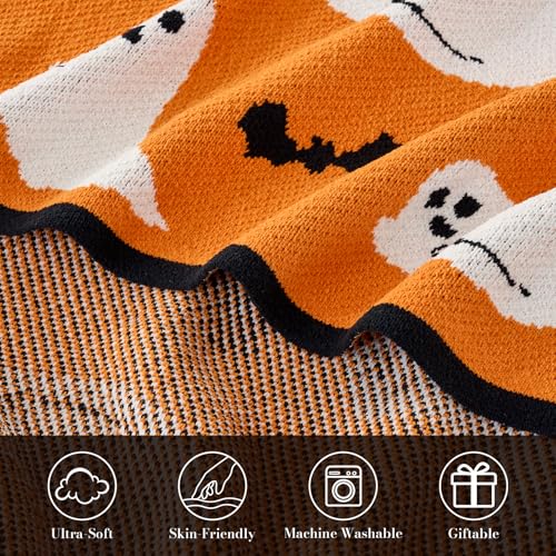 Amélie Home Reversible Halloween Throw Blanket for Couch, Spooky Halloween Ghost Cute Terror Scence, Chenille Knit Soft Cozy for Sofa Home Decor Gifts, 50" x 60", Orange Ghost - image 7