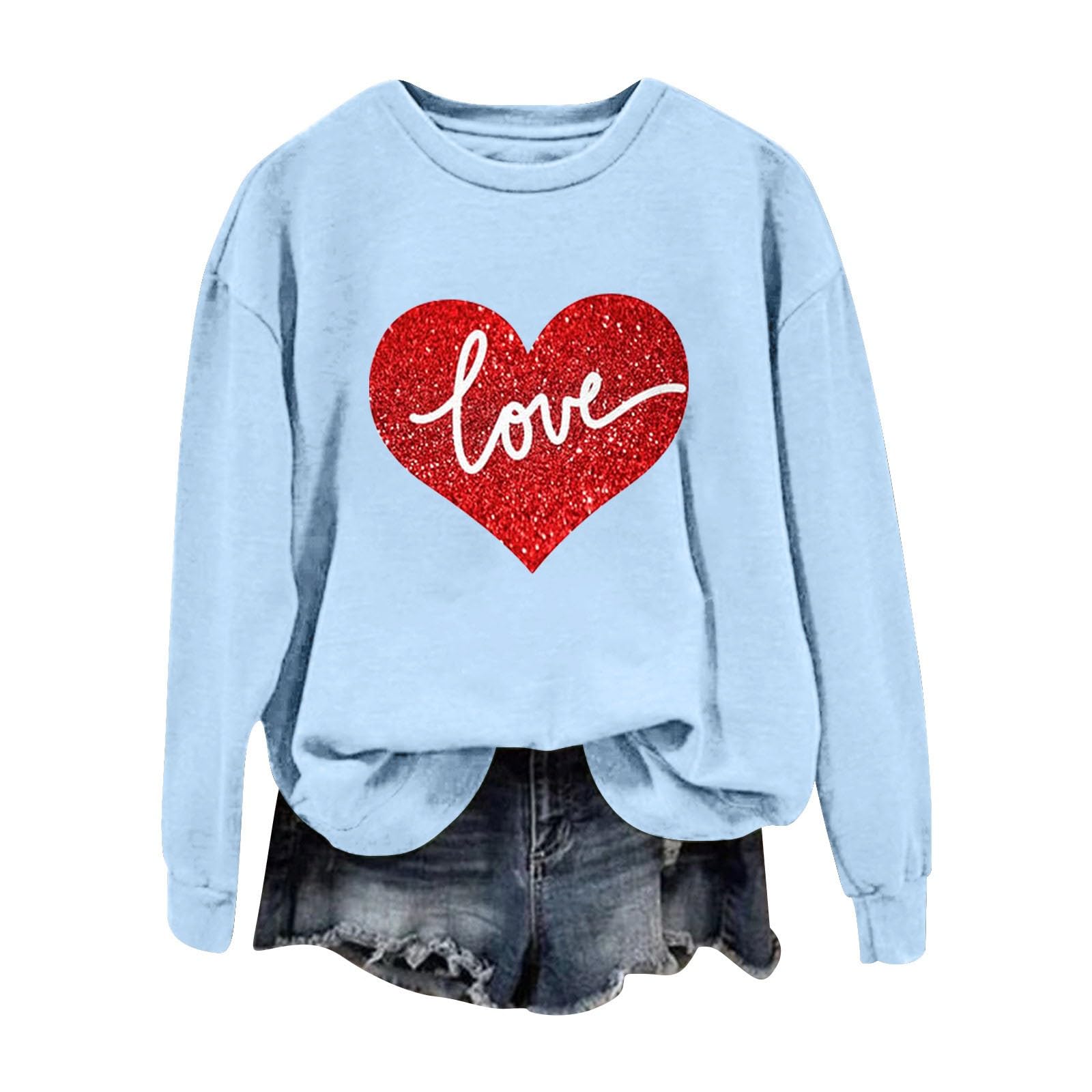 YxrdzkjLoose Pleated Simple Comfy Hoodie Women's Love Printed Round Neck Long Sleeve Casual Top Fleece Pullover Sweatshirts