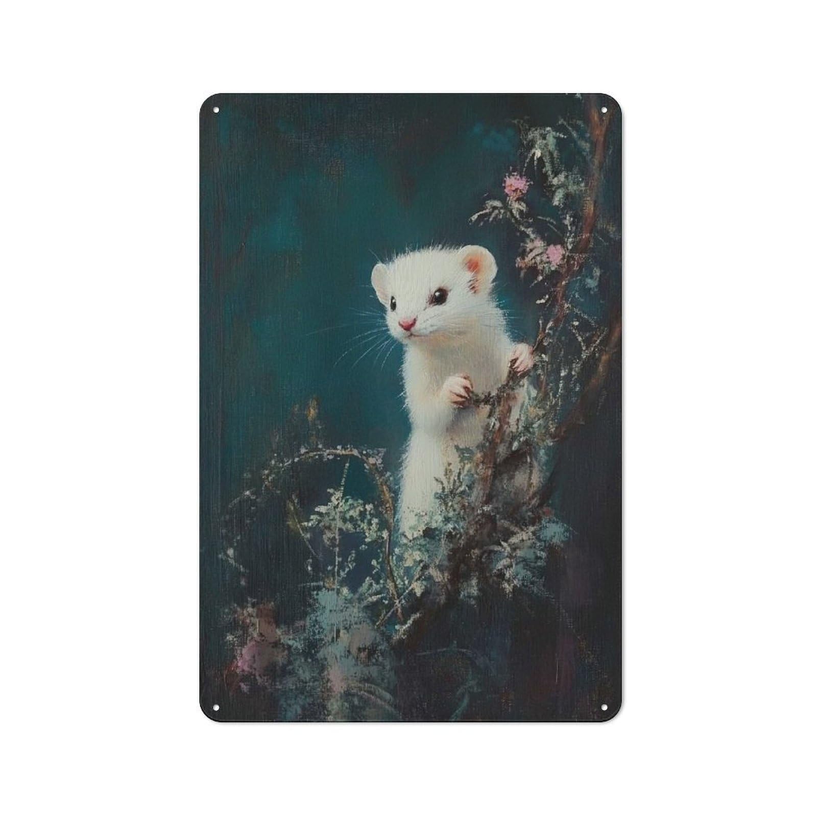 Junmoney White Ferret In Foliage Metal Wall Sign 30X20cm Featuring For Home Bar Wall, Suited To Bar Sign Collectors