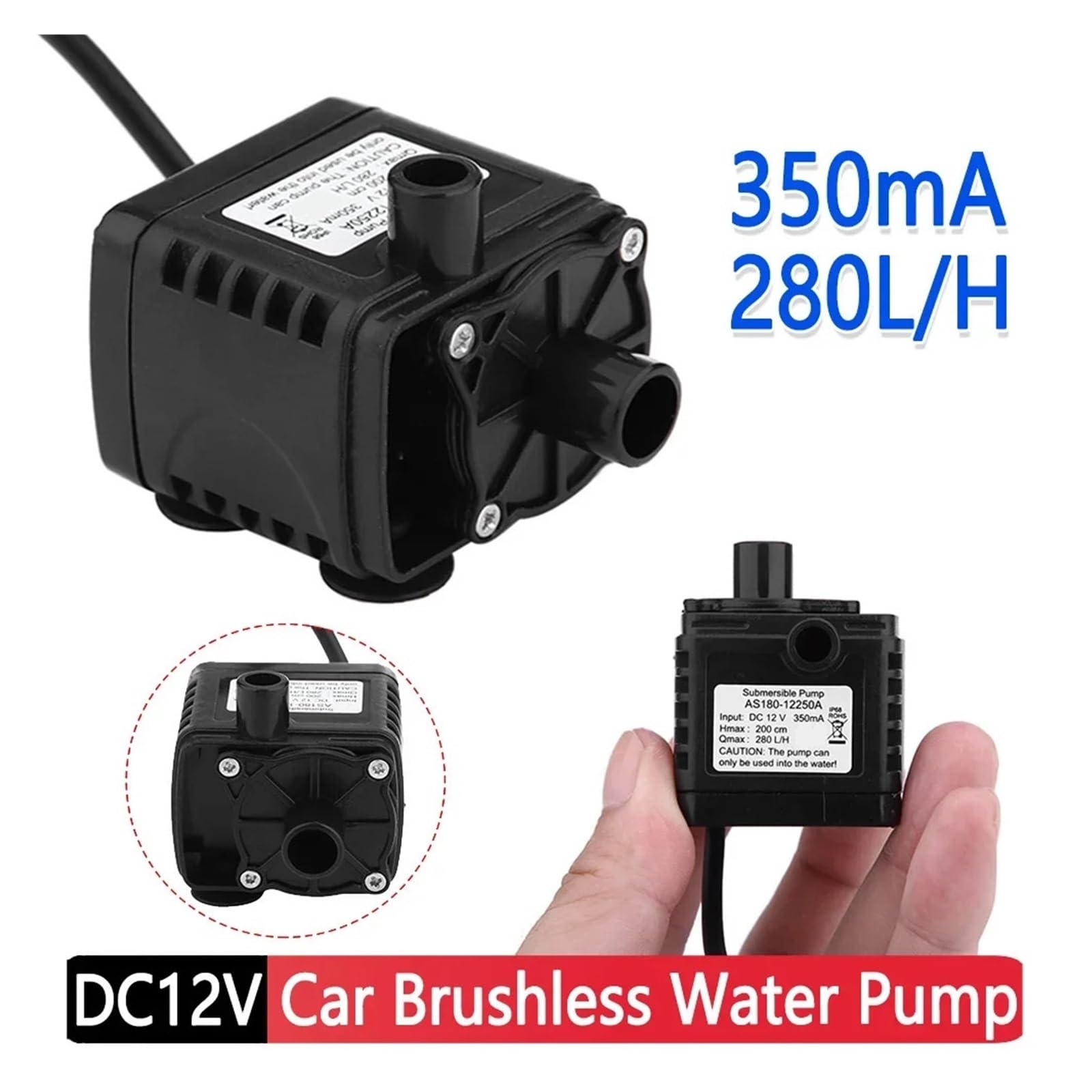 Bomba de agua de diafragma autocebante Mini bomba de agua sumergible sin escobillas, impermeable, 12 V CC, 280 l/h, for piscina, acuario y pecera.